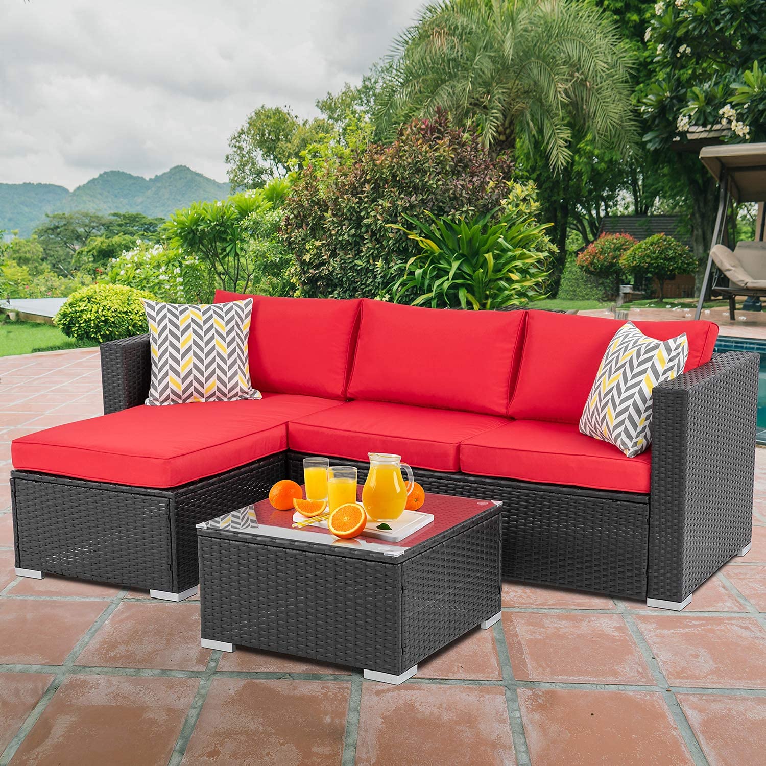 Walsunny 3-Piece Outdoor Patio Furniture Set - All-Weather Black Rattan Sectional Sofa with Low Back Design, Coffee Table & Washable Cushions - Perfect for Garden, Backyard, Poolside & Balcony Relaxation