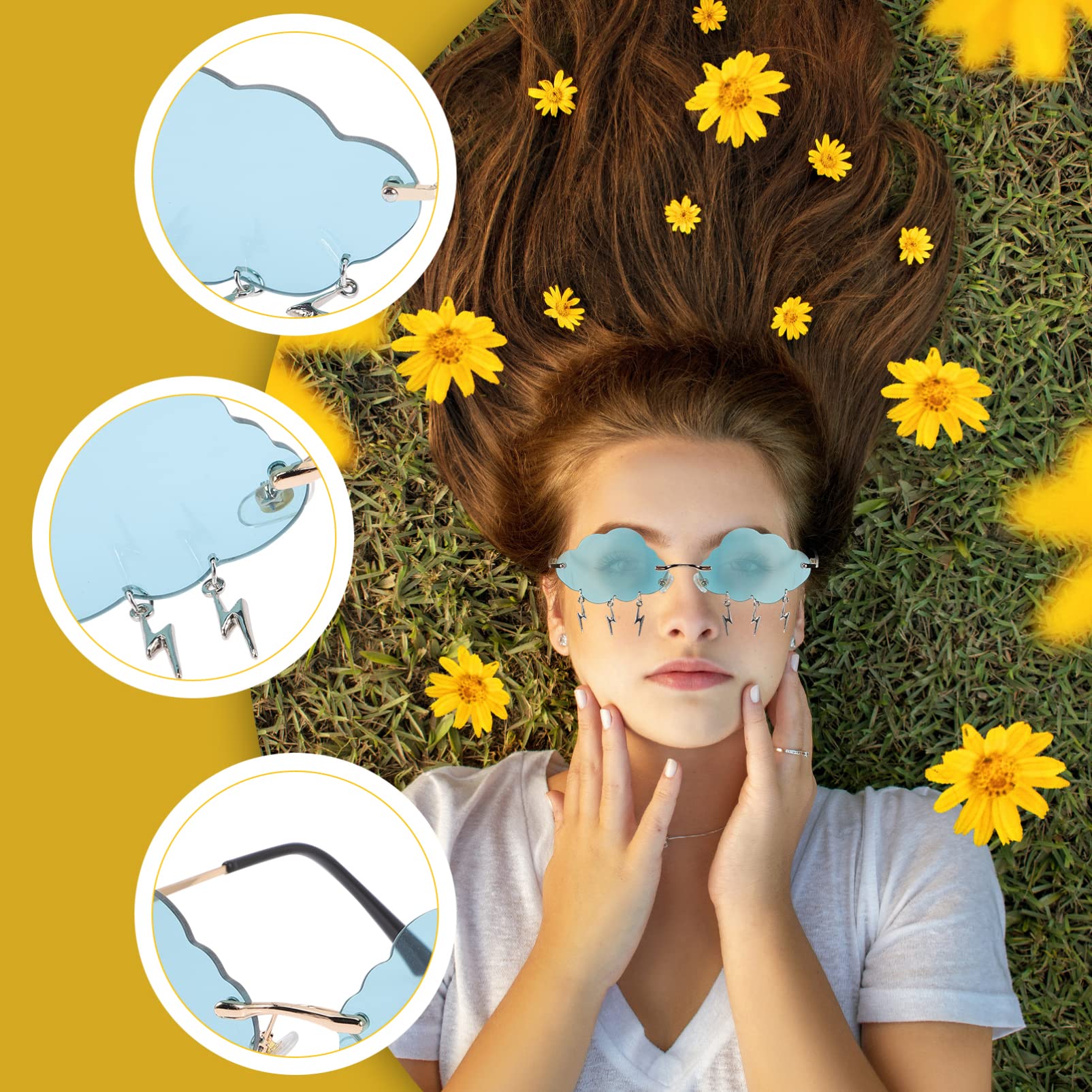 VALICLUD Rimless Vintage Cloud Sunglasses - 90s Retro Disco Rave Sunglasses for Women & Men - Perfect for Music Festivals, Beach Days & Nightclubs