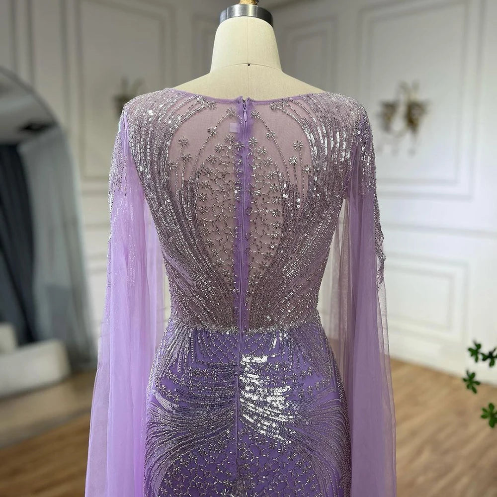 Elegant Dubai Arabic Lilac Beaded Mermaid Evening Gown with Cape Sleeves for Women - Luxury Party Dress for Weddings, Galas & Special Occasions | Serene Hill Collection LA72532