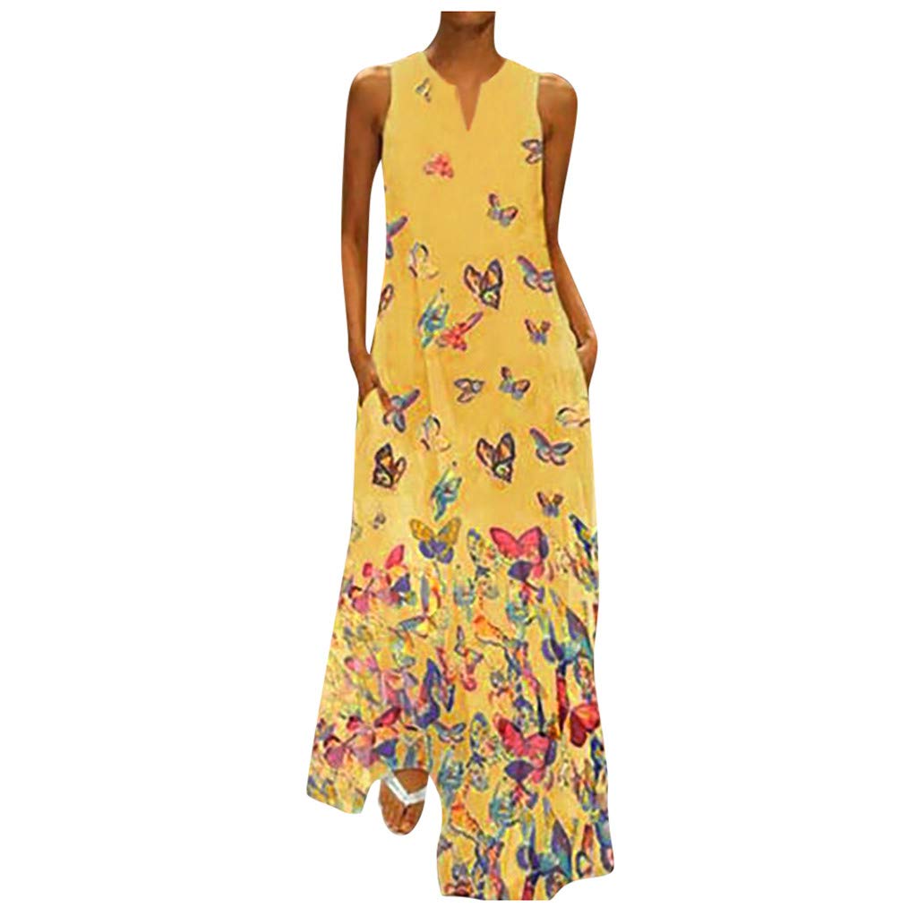 Women's Summer Boho Beach Sundress - Butterfly Sleeveless Casual Maxi Long Dress with Pockets | Perfect for Vacation, Pool Party & Outdoor Activities