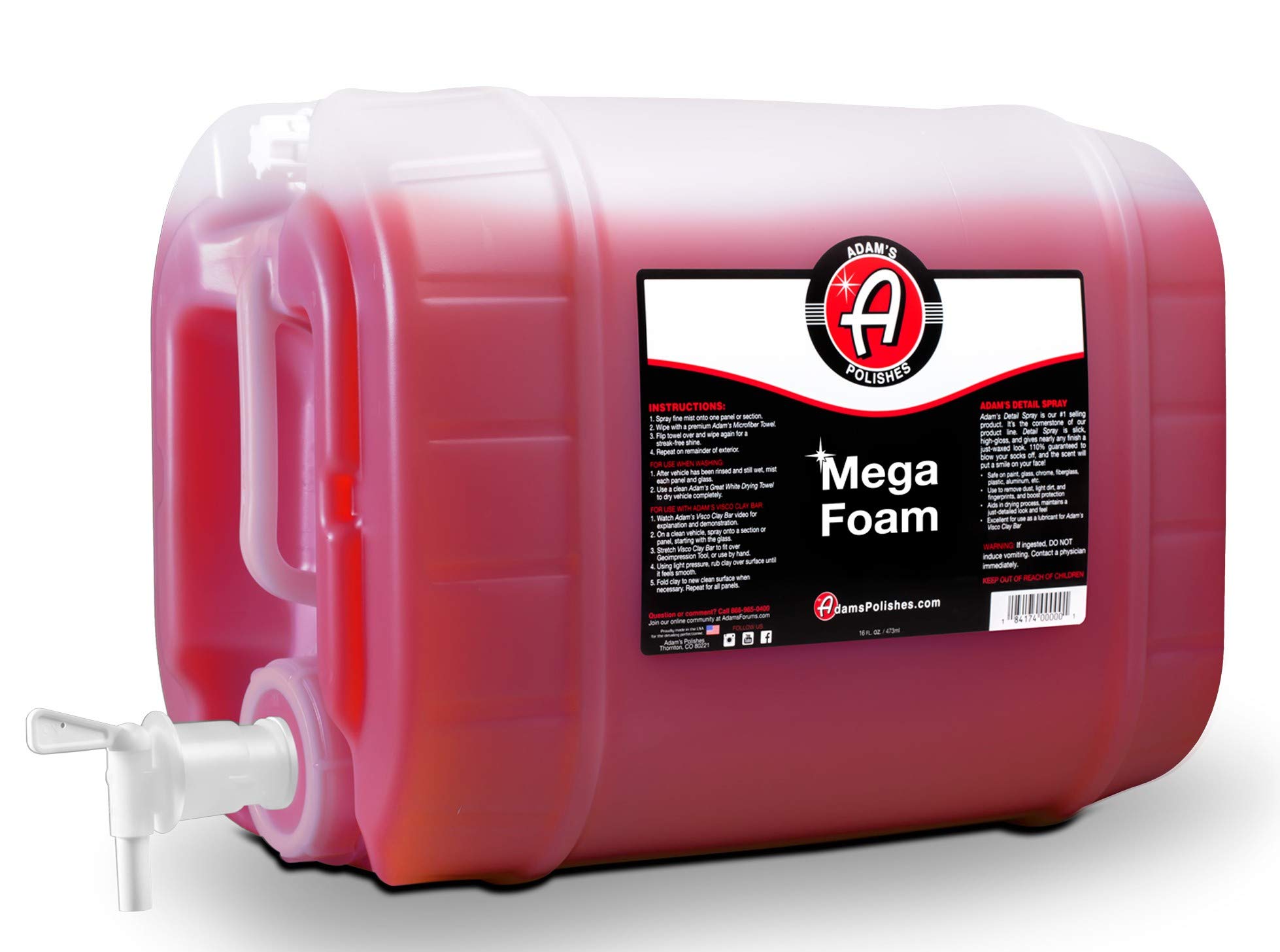 Adam’s Mega Foam (5 Gallon) - pH Neutral Car Wash Soap Concentrate for Bucket, Foam Cannon & Foam Gun | Safe for Wax, Sealant & Ceramic Coating | Perfect for Detailing, Auto Wash & Professional Use