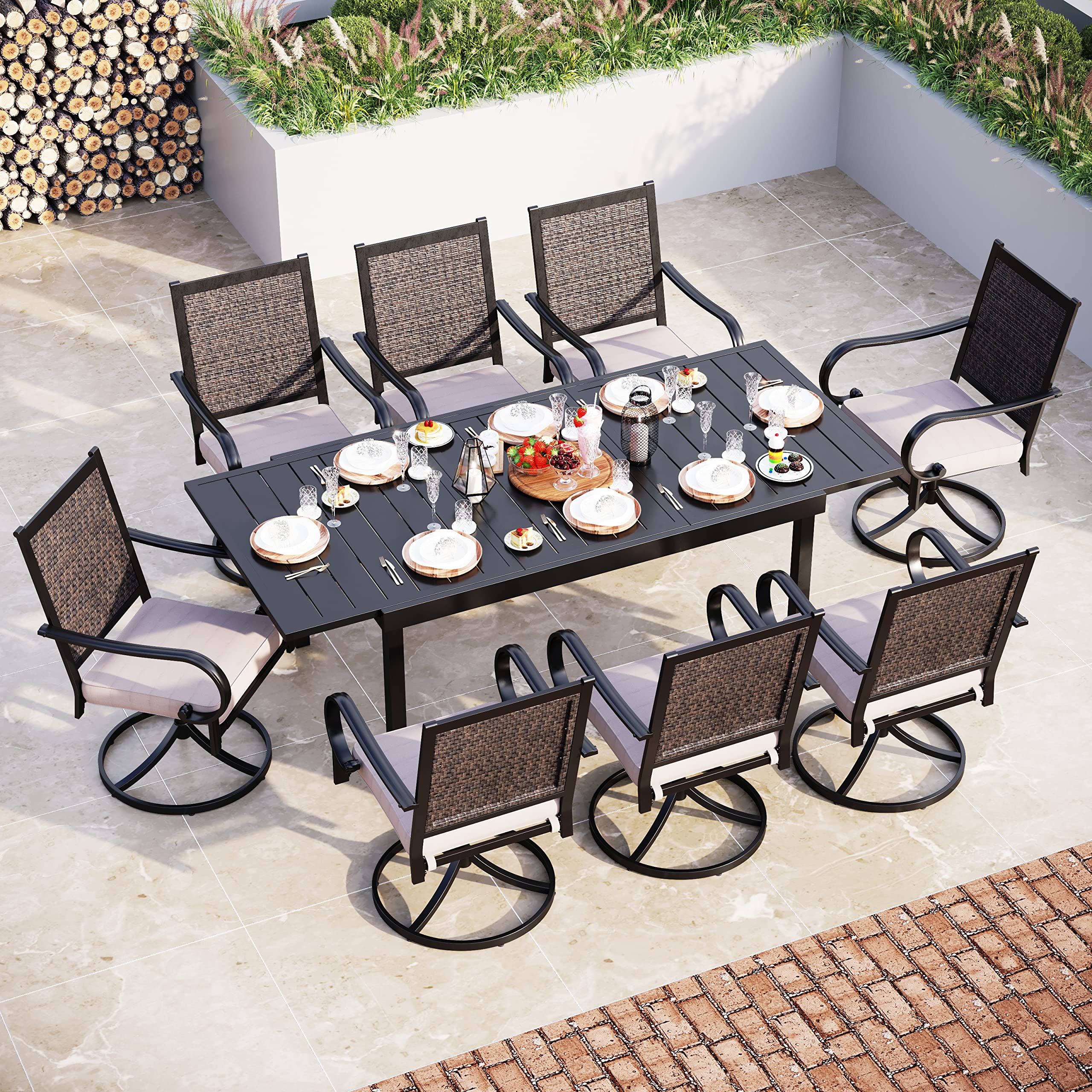 Sophia & William 9-Piece Patio Dining Set - Weather-Resistant Rattan Wicker Furniture with 8 Cushioned Chairs & Expandable Metal Table - Perfect for Outdoor Dining in Garden, Backyard, Lawn or Terrace