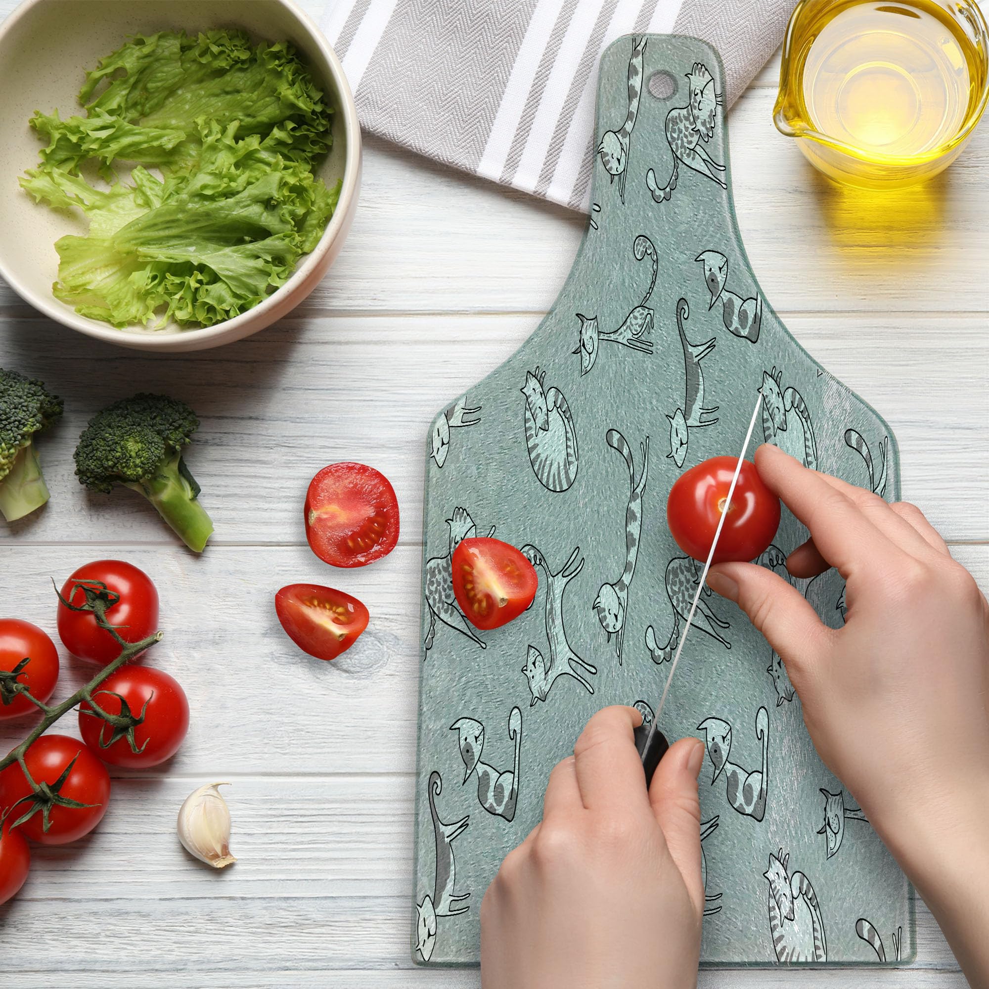 Ambesonne Grey Cat-Themed Cutting Board - Floral Background with Cute Cartoon Kittens - Durable Tempered Glass Serving Board for Kitchen & Entertaining - Perfect for Cheese Platters, Wine Pairing & Home Decor