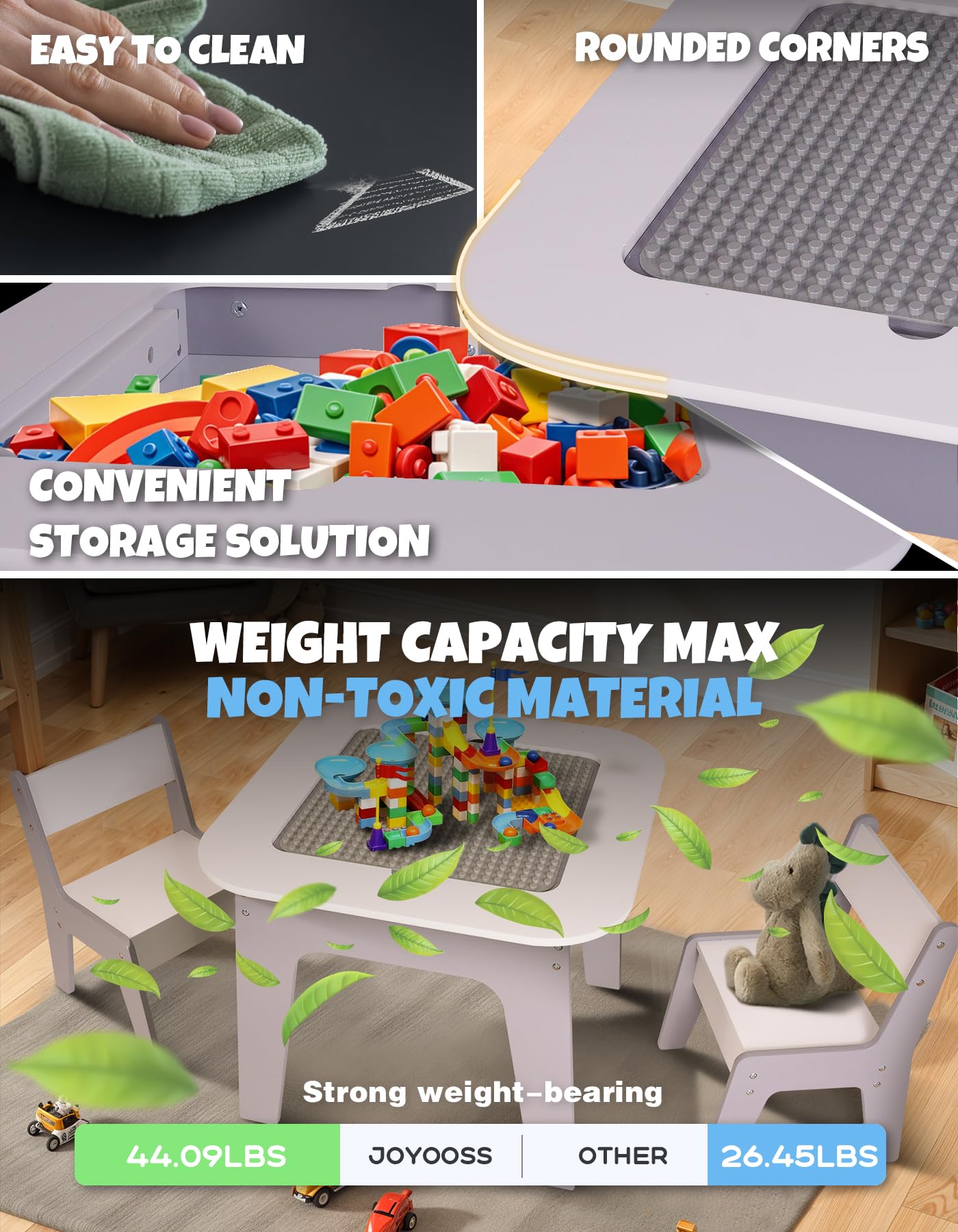 JOYOOSS 4-in-1 Wooden Toddler Table & Chair Set with Storage Drawers - Kids Construction Train Play Table, Lego & Duplo Compatible - Perfect for Preschool Learning, Playroom & Daycare Activities