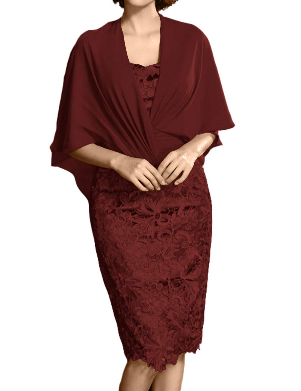 Elegant Lace Mother of The Bride Dress - Short Evening Formal Gown with Chiffon Wrap Shawl | Perfect for Weddings, Parties & Special Occasions