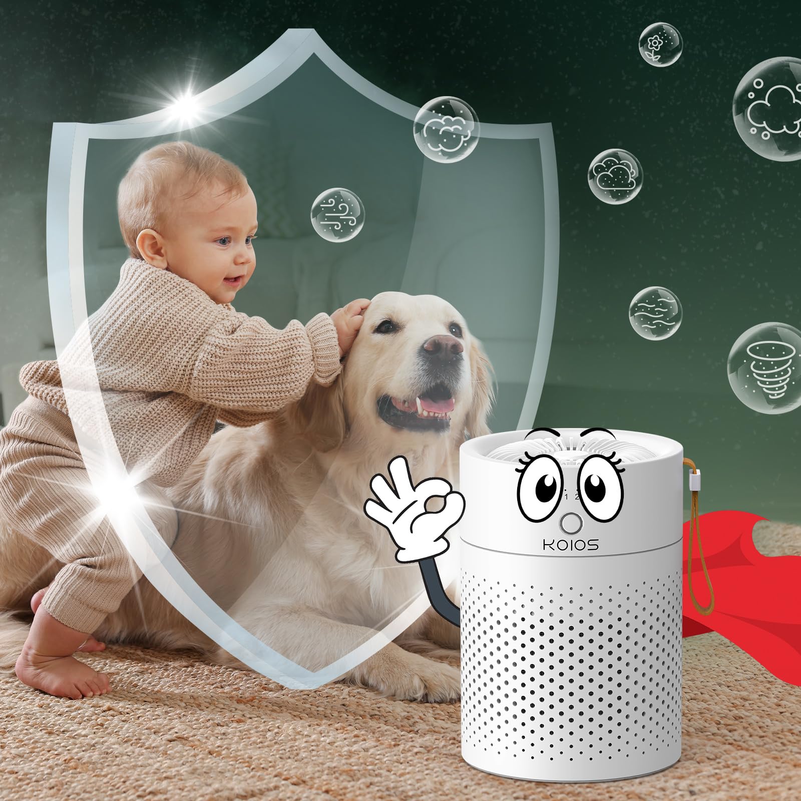 KOIOS H13 True HEPA Air Purifier for Bedroom, Office & Car - Portable USB Desktop Air Cleaner with Night Light & Timer - Removes Smoke, Dust, Pet Dander, Pollen & Odors - Perfect for Allergies, Asthma & Fresh Air at Home or Work