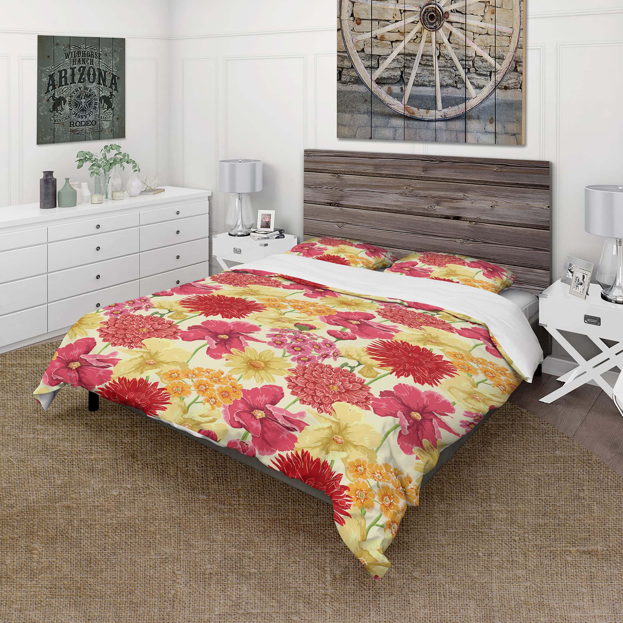 DesignQ Floral Duvet Cover Set - Red, Pink & Yellow Flower Pattern, Queen Size Bedding Set for Girls & Teens, Perfect for Spring & Summer Bedroom Decor