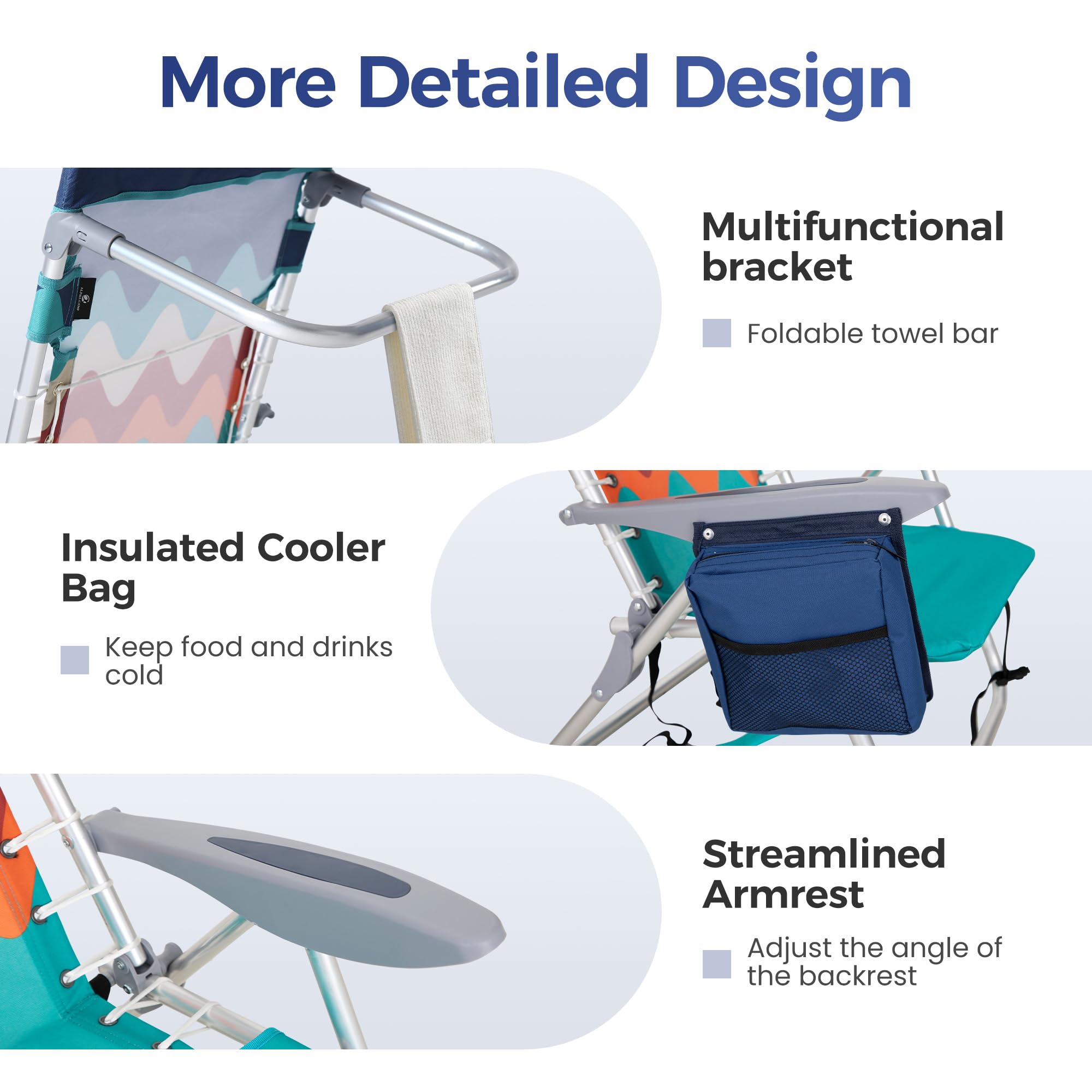 ALPHA CAMP 2-Pack Beach Chairs with Cooler Bag - 4-Position Adjustable Folding Lounge Chairs with Backpack Straps, Supports 250LBS - Portable for Beach, Camping, Poolside & Outdoor Relaxation (Sky Blue)