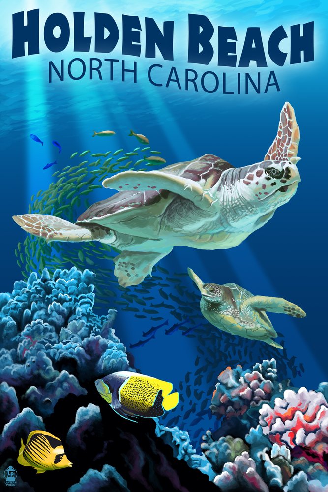 Signed Sea Turtles Art Print 24x36 - Holden Beach North Carolina Wall Decor Poster | Coastal Home Decor, Beach House Living Room & Office Wall Art