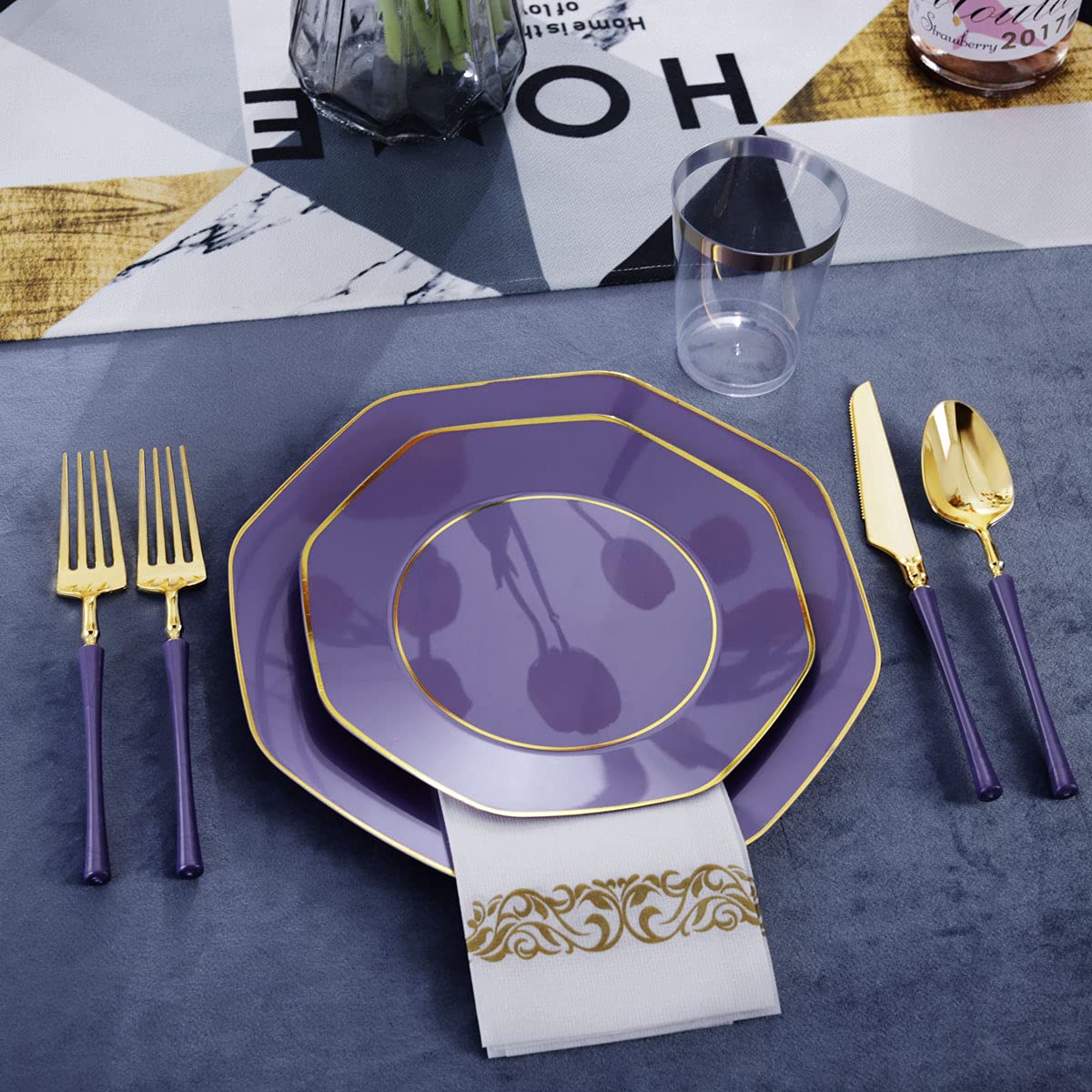 140-Piece Purple Plastic Party Set with Gold Rim Plates, Gold Silverware, Clear Cups & Napkins - Elegant Disposable Tableware for Mardi Gras, Mother's Day & Special Occasions - Perfect for Weddings, Birthday Parties & Holiday Gatherings
