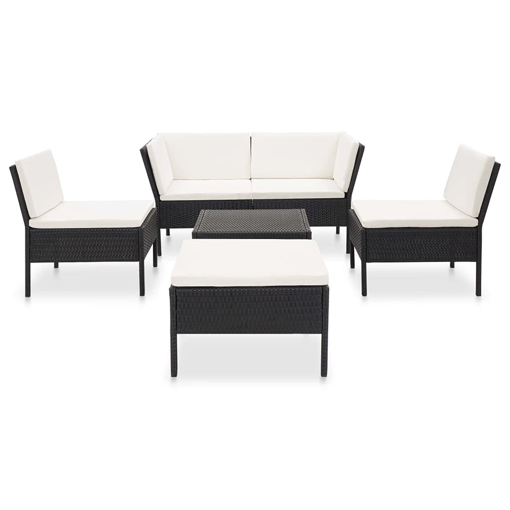 vidaXL 6-Piece Patio Lounge Set with Cushions - Modular Poly Rattan Outdoor Furniture in Black & Cream White, Easy Assembly, Weather Resistant, Comfortable Seating for Garden, Poolside or Backyard Relaxation
