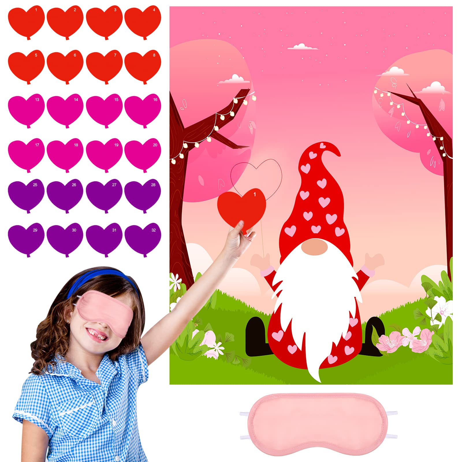 38-Piece Valentine's Day Games for Kids - Pin The Heart on The Gnome, Blindfolds & Heart Stickers Included - Fun Classroom Activities, Family Party Supplies for Valentine's Day Celebrations & School Events