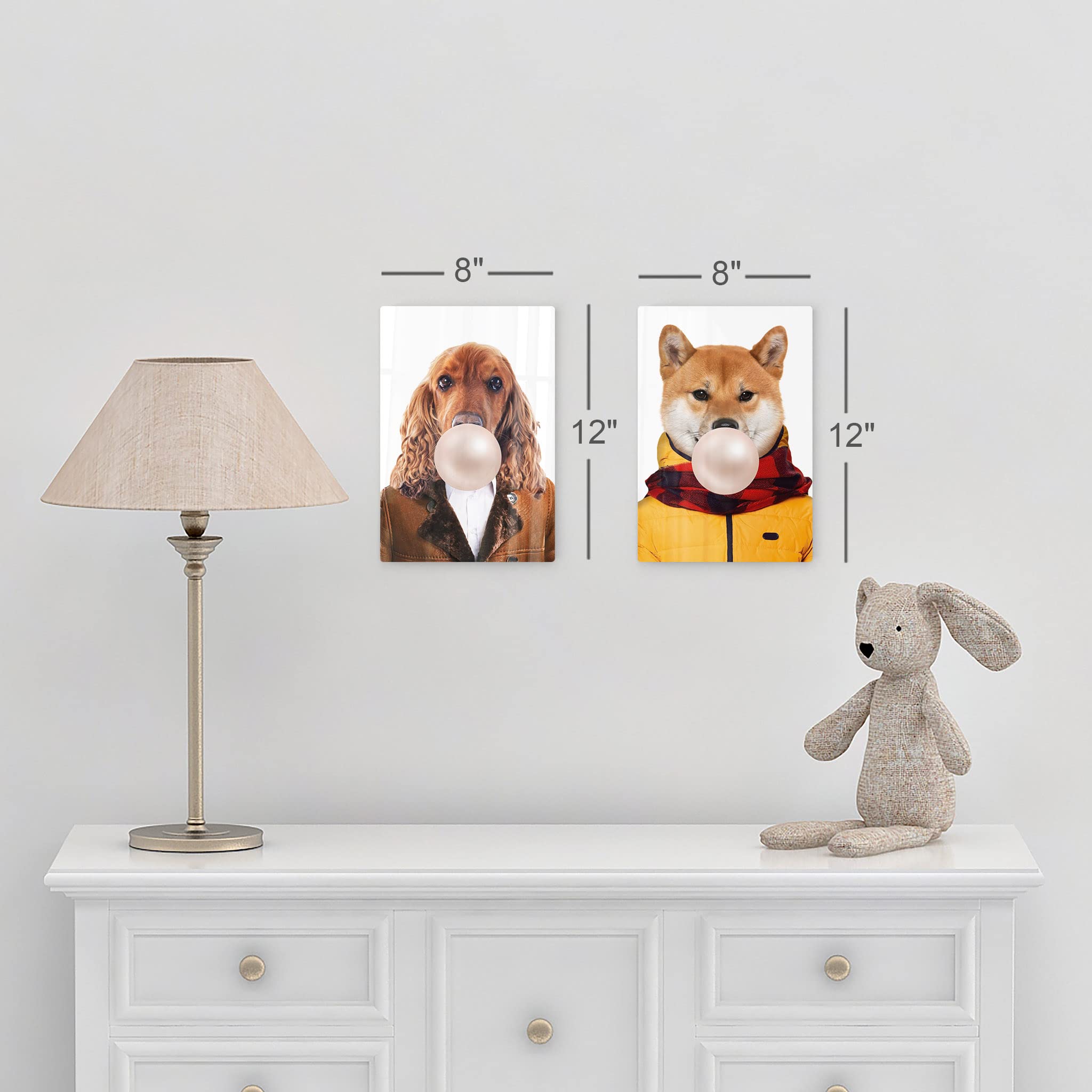 English Cocker Spaniel & Shiba Inu Dog Chewing Bubble Gum Pop Art Metal Wall Decor - 2-Piece Set (40x30 inches) - Perfect for Living Room, Bedroom & Nursery Decor - Unique Animal Art Prints for Home & Office
