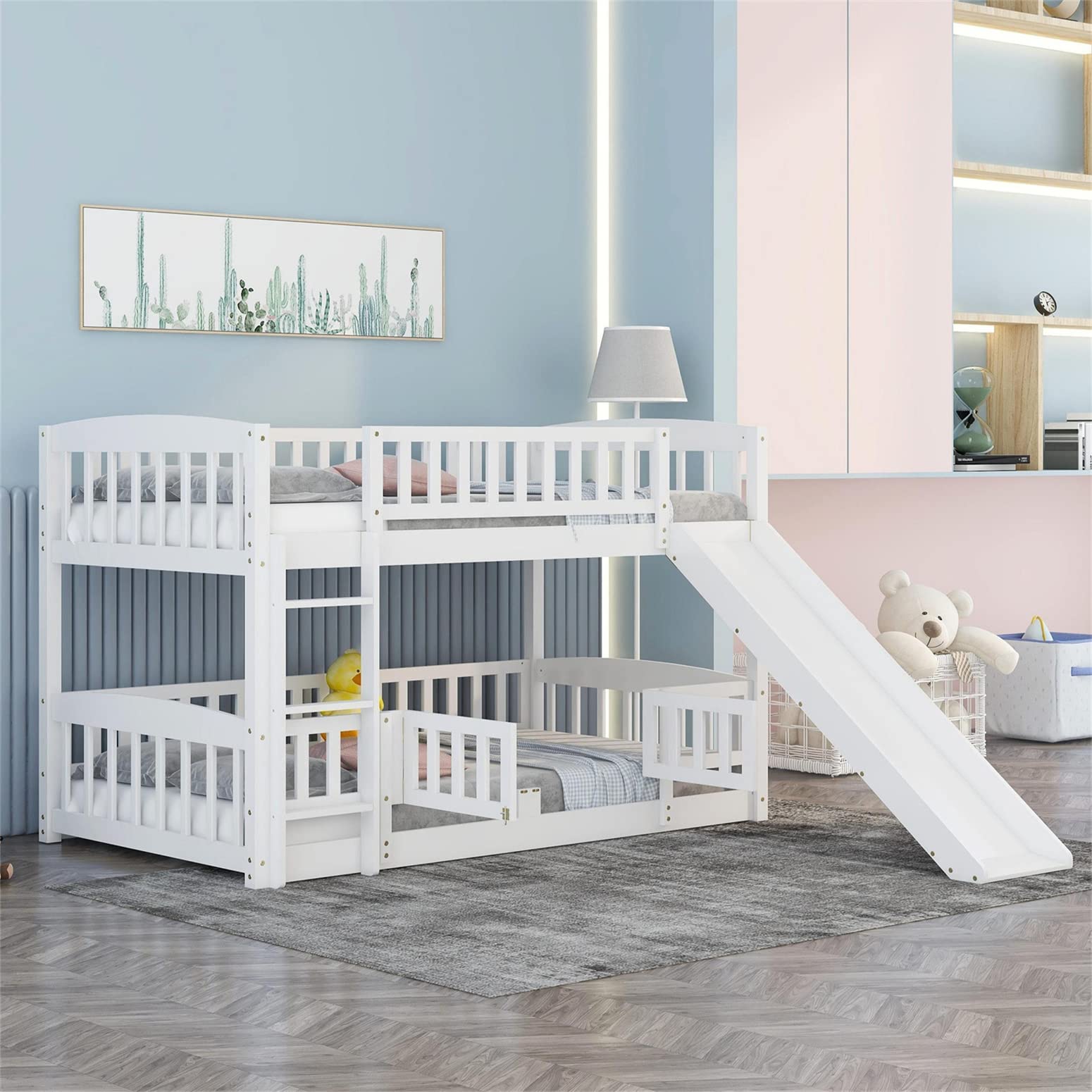 Harper & Bright Designs Twin Over Twin Low Bunk Bed with Slide - Wooden Floor Bunk Bed Frame with Safety Rails for Kids, Toddlers, Boys & Girls - Perfect for Small Bedrooms, Playrooms & Sleepovers (White)