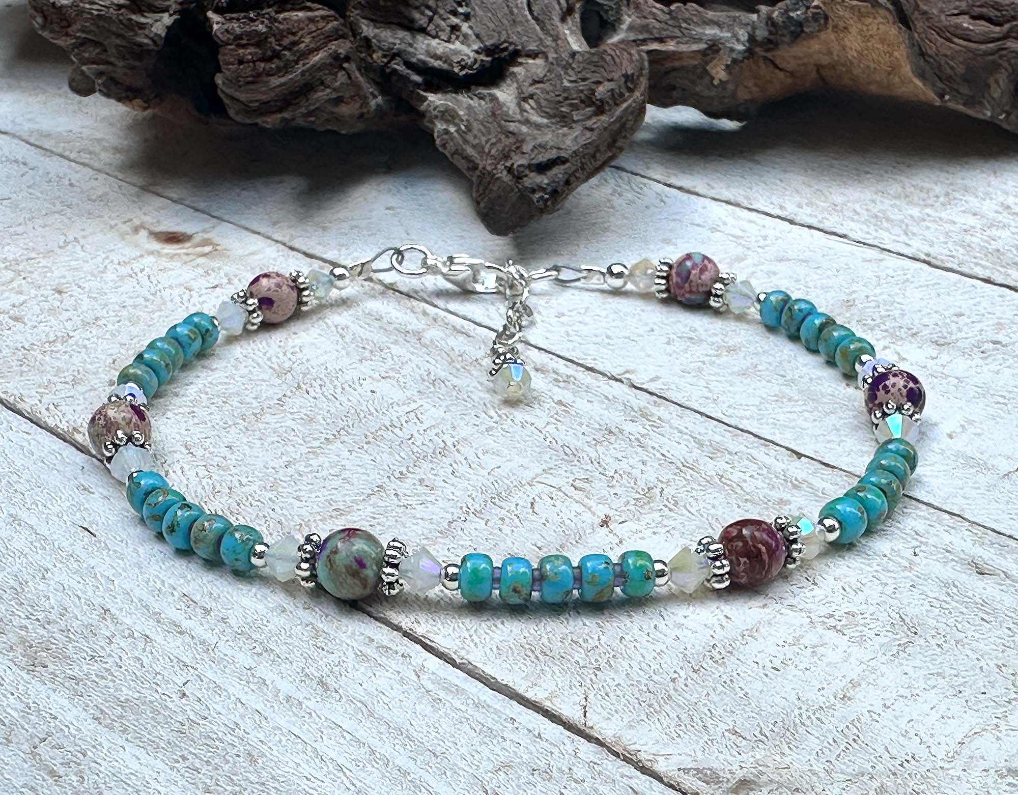 9-Piece Turquoise Jasper Jade Gemstone Beaded Anklet Bracelet for Women - Boho Chic Handmade Adjustable Ankle Jewelry for Summer Beach, Yoga & Festival Outfits