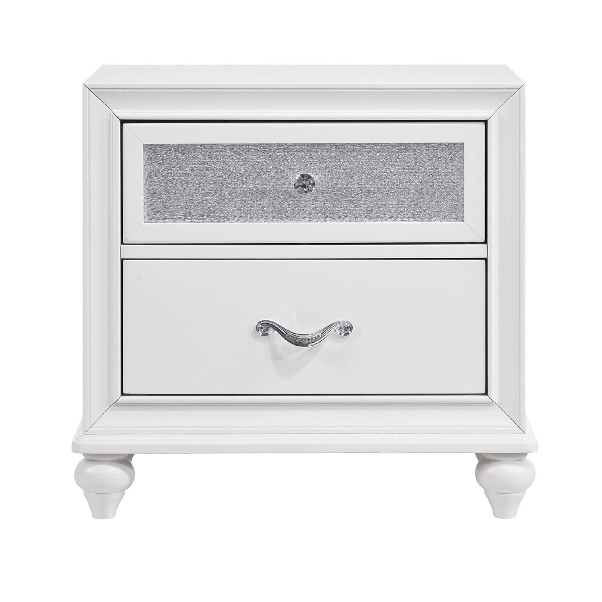 Benjara White Nightstand with 2 Drawers - Glittery Acrylic Front Bedside Table for Bedroom, Living Room & Guest Room - Modern Storage End Table with Smooth Gliding Drawers