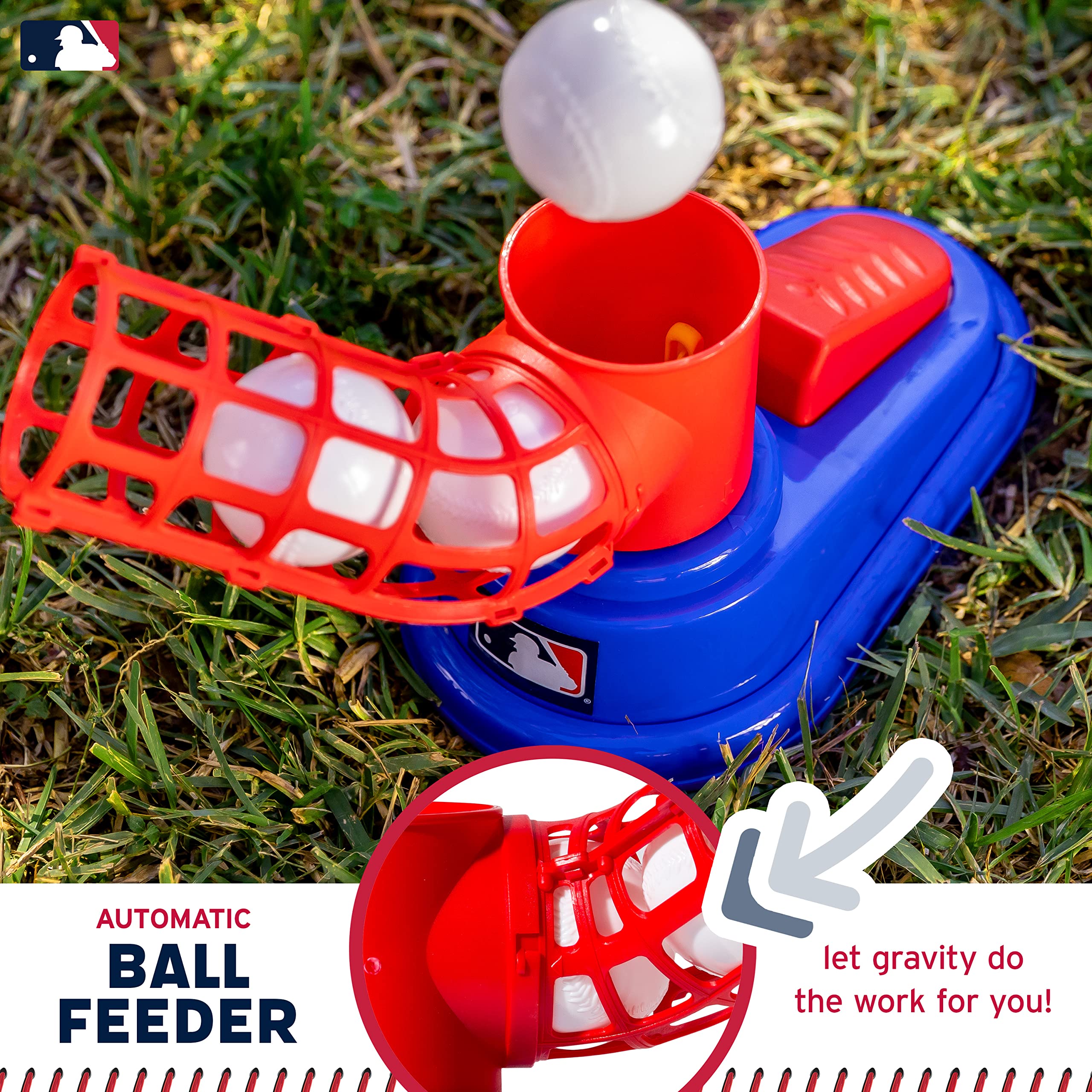 Franklin Sports Kids Baseball Pitching Machine - Pop A Pitch Batting Trainer with Youth Bat & 3 Plastic Balls - Perfect for Backyard Practice, Team Training & Birthday Gifts - Red/Blue Baseball Toy for Boys & Girls