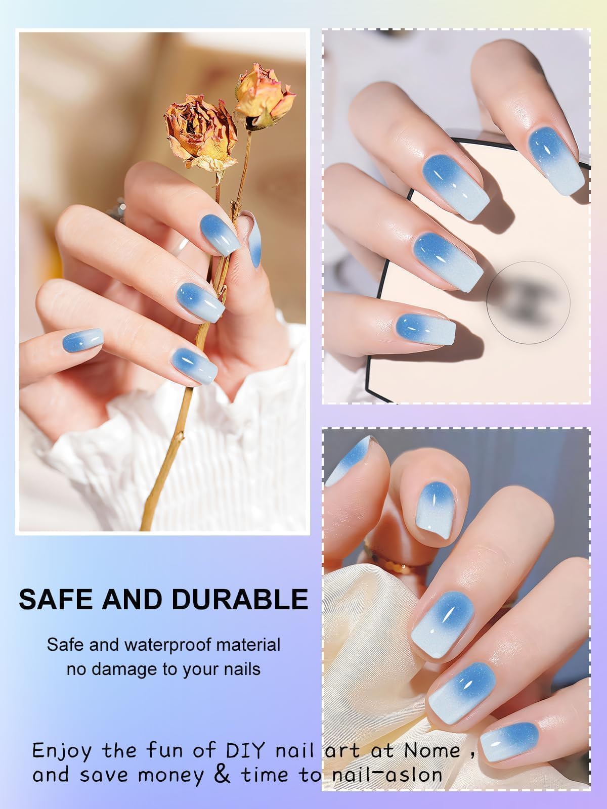 Kalolary Blue Auru Ombre Blooming Gel Nail Wrap Strips - Long Lasting Nail Art Polish Stickers with Nail File & Stick (UV/LED Lamp Required) - Perfect for Salon Quality Manicures at Home, Parties & Special Occasions