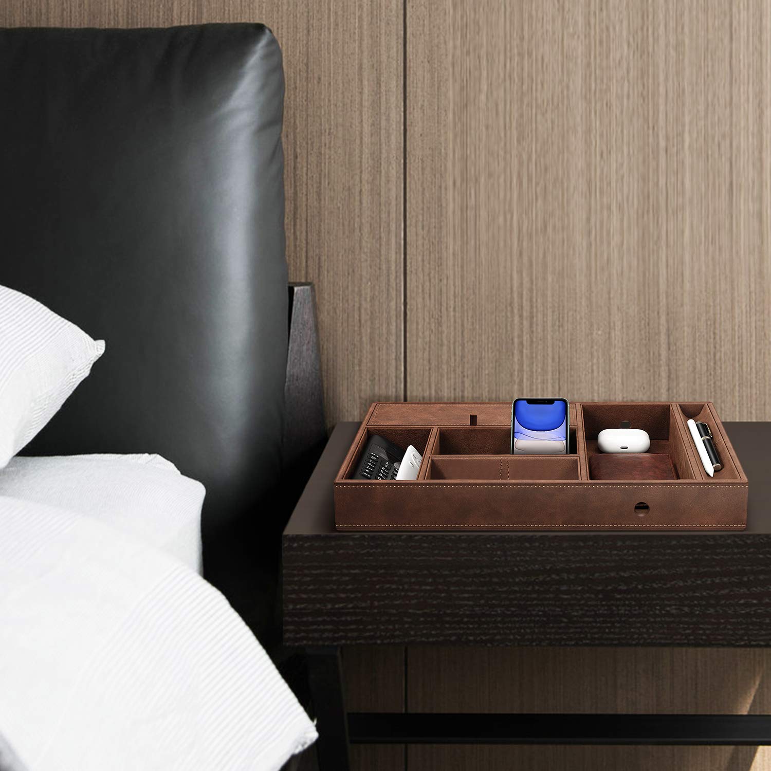 SITHON Valet Tray - 8 Compartment PU Leather Desktop Organizer for Keys, Jewelry, Coins & EDC | Nightstand Catchall Tray for Bedroom, Vanity & Office | Brown Storage Box for Home & Travel Accessories