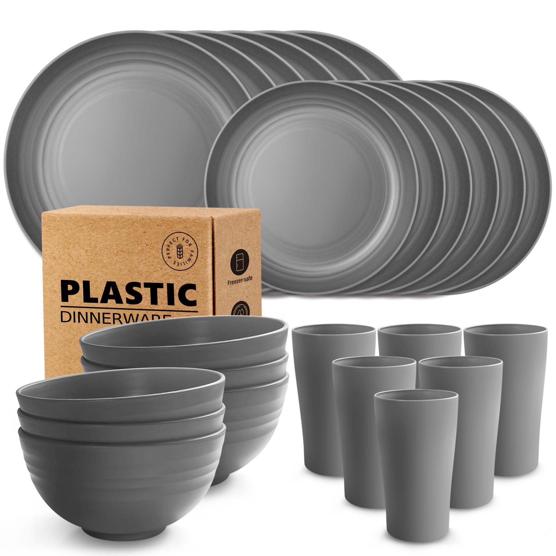Teivio 24-Piece Unbreakable Plastic Dinnerware Set for 6 - Durable Dinner Plates, Dessert Plates, Bowls & Cups - Perfect for Outdoor Camping, Picnics & RV Travel - BPA-Free Dish Set in Modern Grey