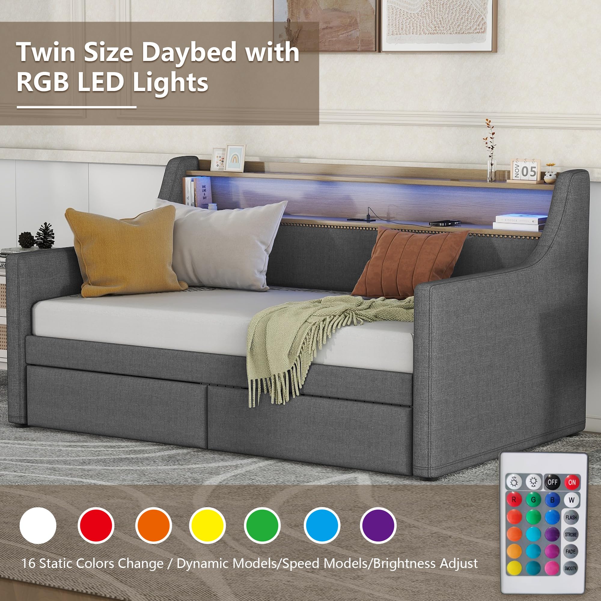 LUSPAZ Twin Size PU Leather Upholstered Daybed with 2 Storage Drawers & LED USB Headboard - Modern Sofa Bed with Wooden Slats, Easy Assembly No Box Spring Needed - Perfect for Small Spaces, Guest Rooms, Apartments & Dorm Rooms (Gray)