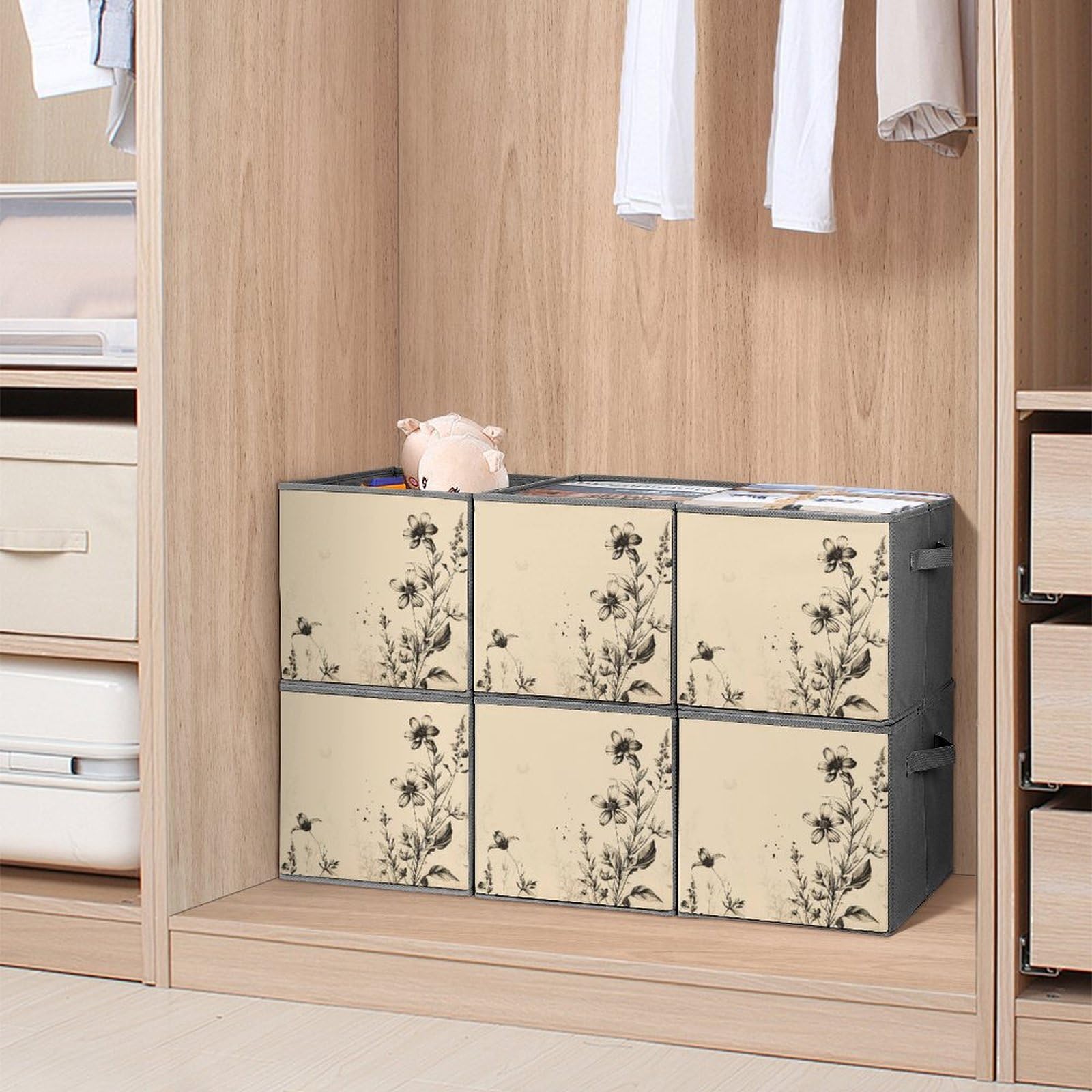 6-Pack Collapsible Storage Bins with Handles - Beige Floral Design Foldable Storage Boxes for Home Organization, Shelves, Closet & Pantry | Space-Saving Home Decor & Multipurpose Storage Solutions