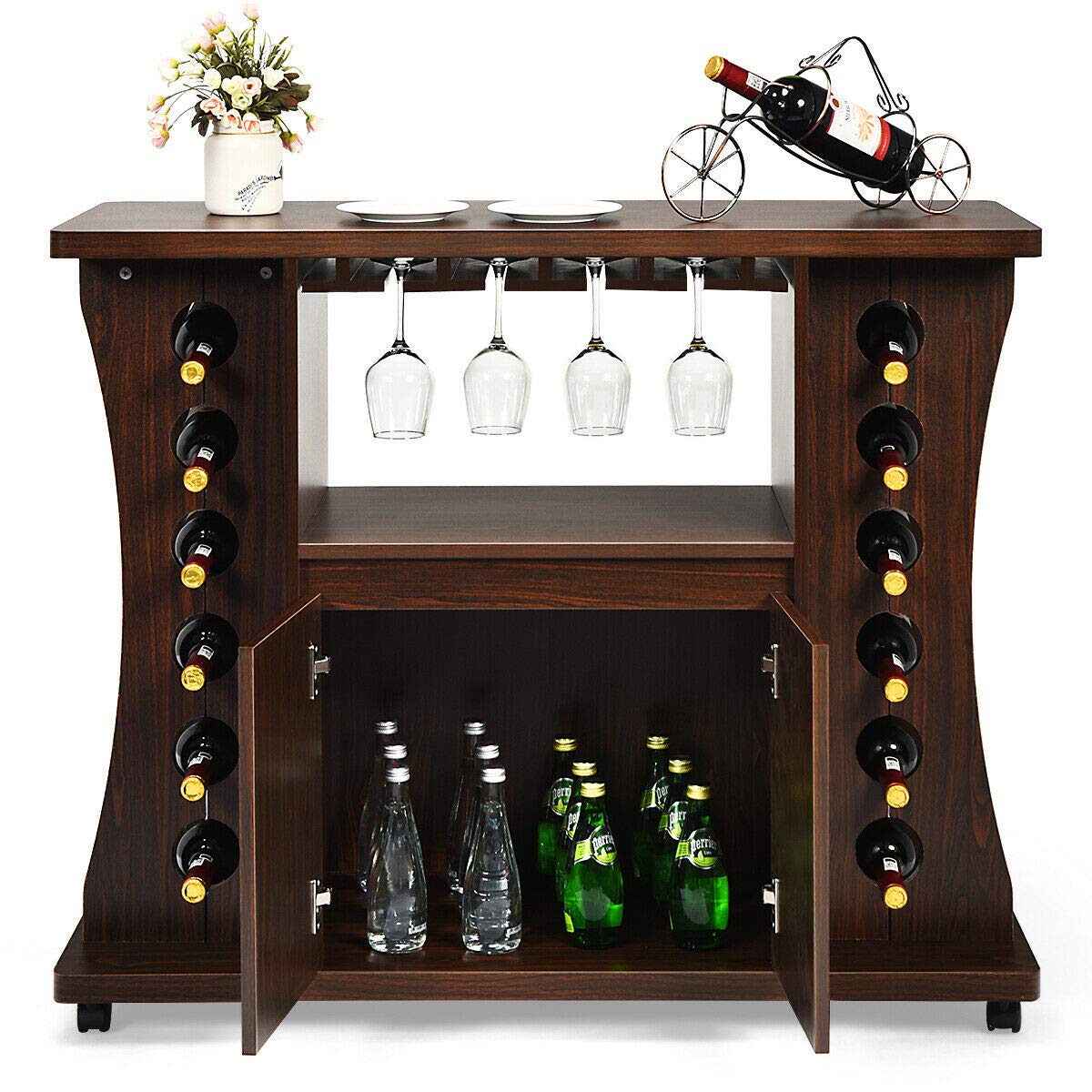 Rolling Buffet Sideboard Kitchen Cart with 12-Bottle Wine Rack & Glass Holder - Bar Storage Cabinet for Kitchenware, Supplies & Spacious Countertop - Perfect for Dining Room, Kitchen Organization & Home Entertaining