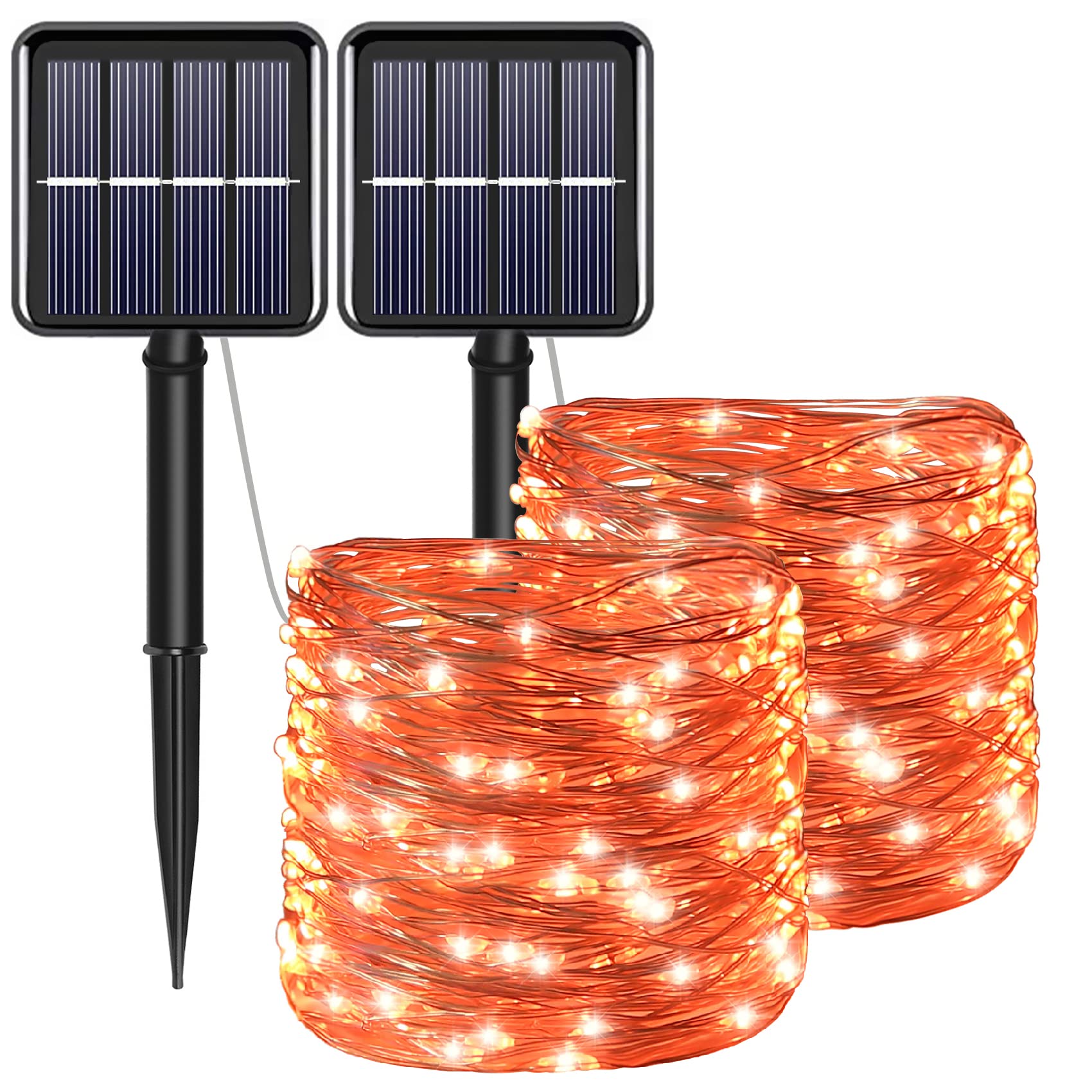 Solar Orange Copper String Lights - 2 Pack 200 LED Waterproof Fairy Lights with 8 Modes for Fall, Thanksgiving & Halloween Decor | Perfect for Porch, Garden, Patio, Fence, Balcony & Outdoor Party Lighting
