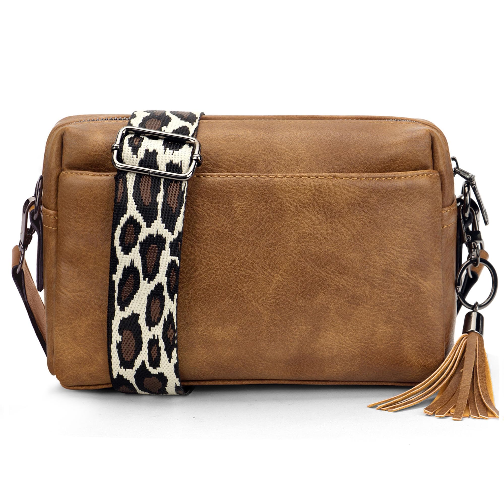JANZORE Women's Vegan Leather Crossbody Bag - Small Multipurpose Shoulder Bag with 3 Compartments, Wide Strap & Tassel Key Ring | Fashion Camera Handbag for Casual Outings, Travel & Daily Use