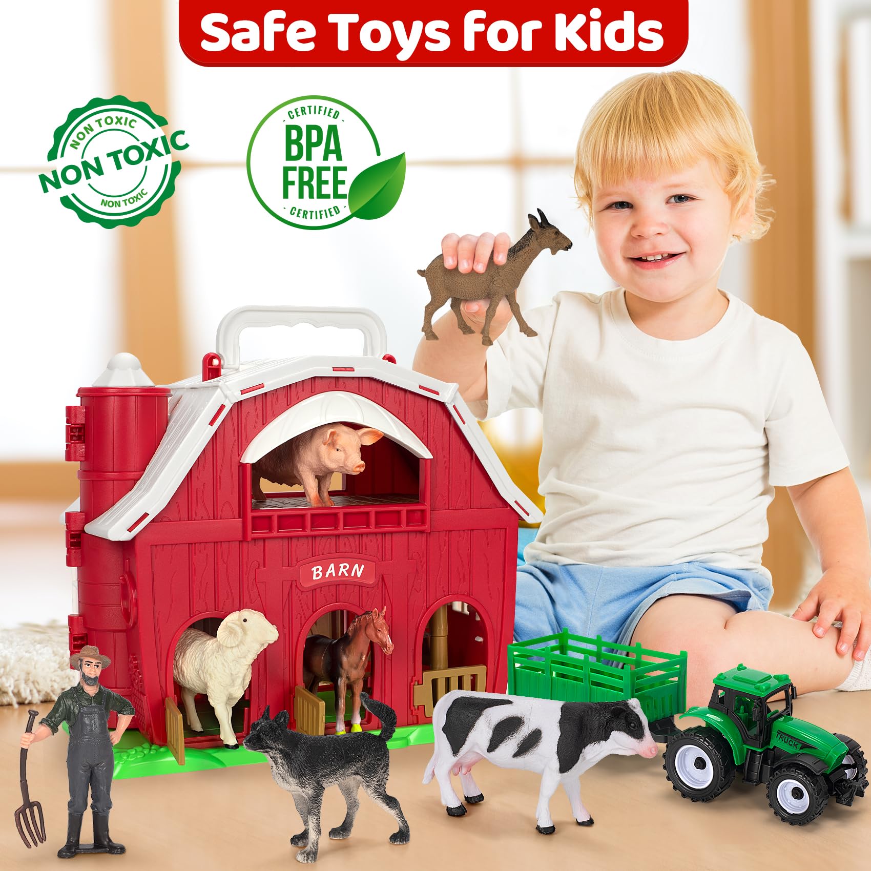 Farm Animals Toys for 1-5 Year Old Kids - Big Red Barn Playset with Animal Figures & Tractor - Educational Learning Toys for Toddlers Boys & Girls - Perfect for Christmas, Birthday & Easter Gifts - Great for Preschool Learning, Imaginative Play & Farm-Themed Parties