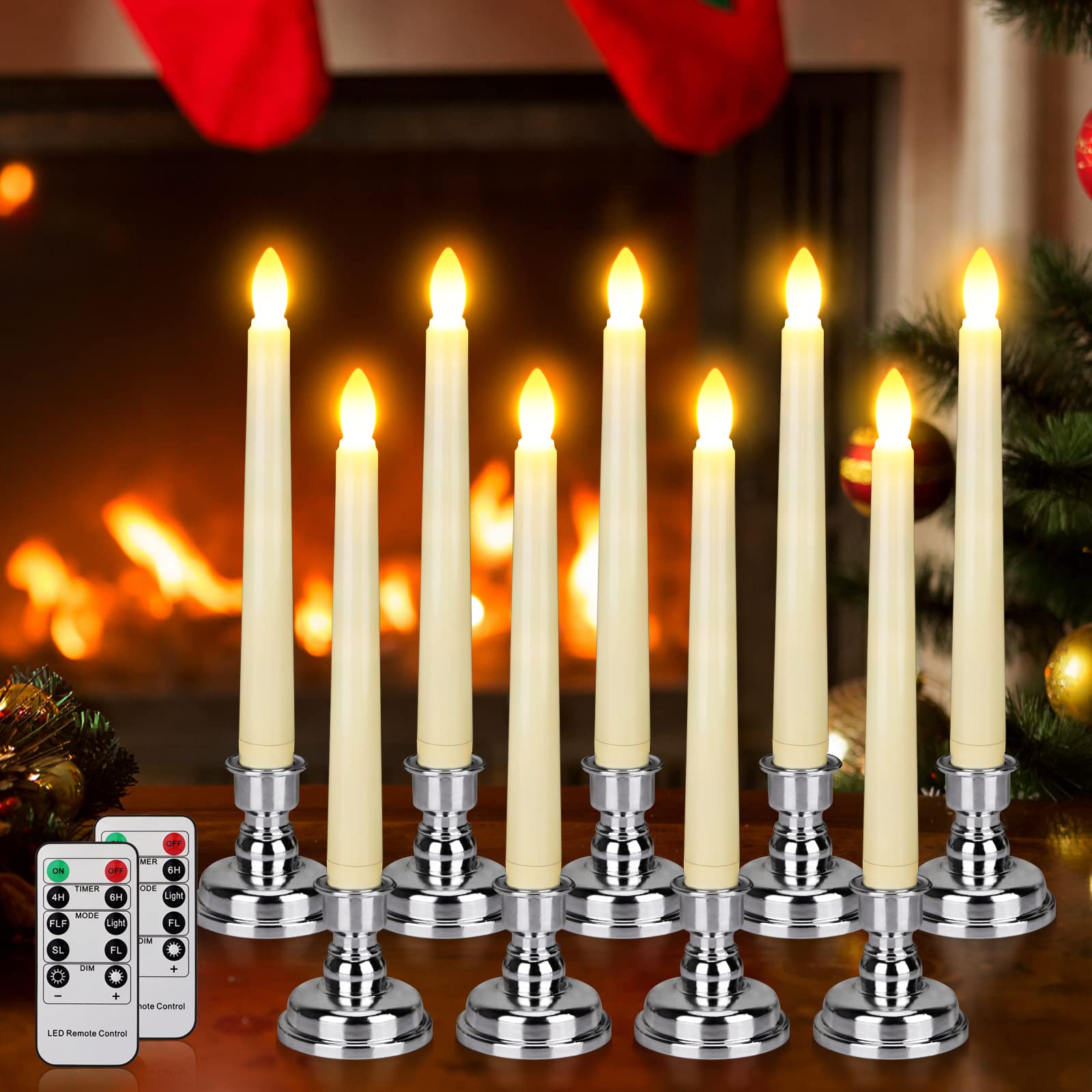LED Flameless Taper Candles with Remote & Timer - Battery Operated Flickering Warm White Light - Christmas Wedding Party Holiday Decor - Window Table Centerpiece Decorations (9 Pack, Ivory + Silver Holder) - Perfect for Christmas Mantel, Dining Table, Wedding Centerpieces and Holiday Home Decor