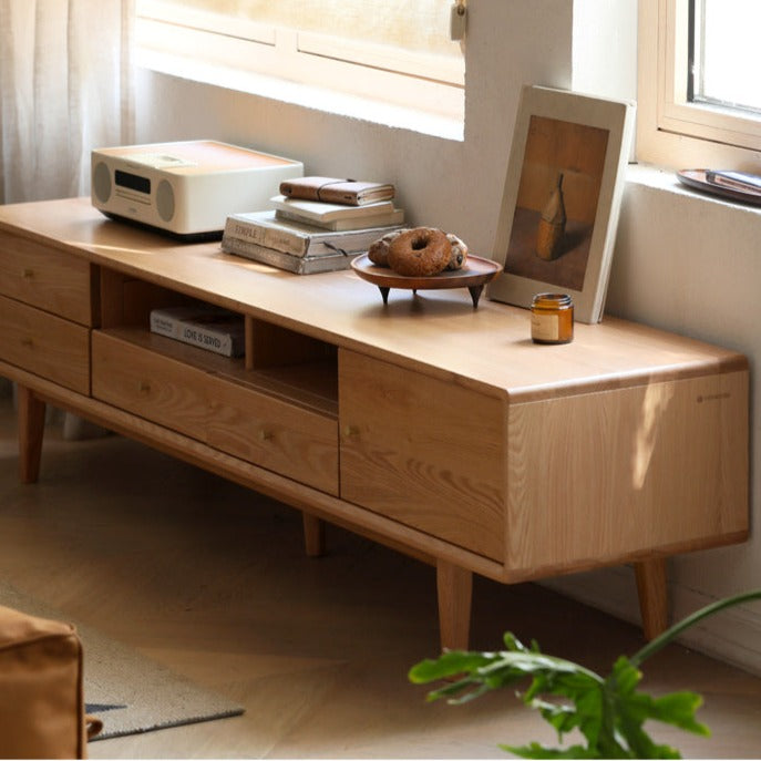 Solid Oak Wood TV Stand - Modern Entertainment Center with Storage Shelves for Living Room, Bedroom & Home Theater