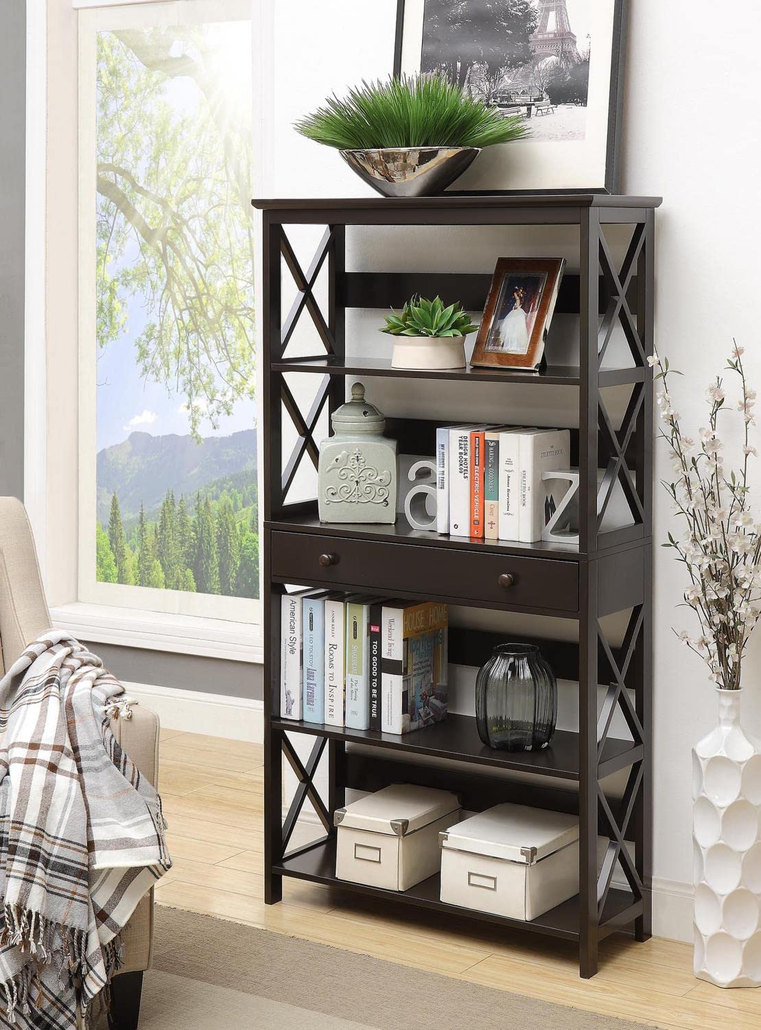 Oxford 5-Tier Bookcase with Storage Drawer - Black Wooden Bookshelf for Living Room, Bedroom & Office Organization