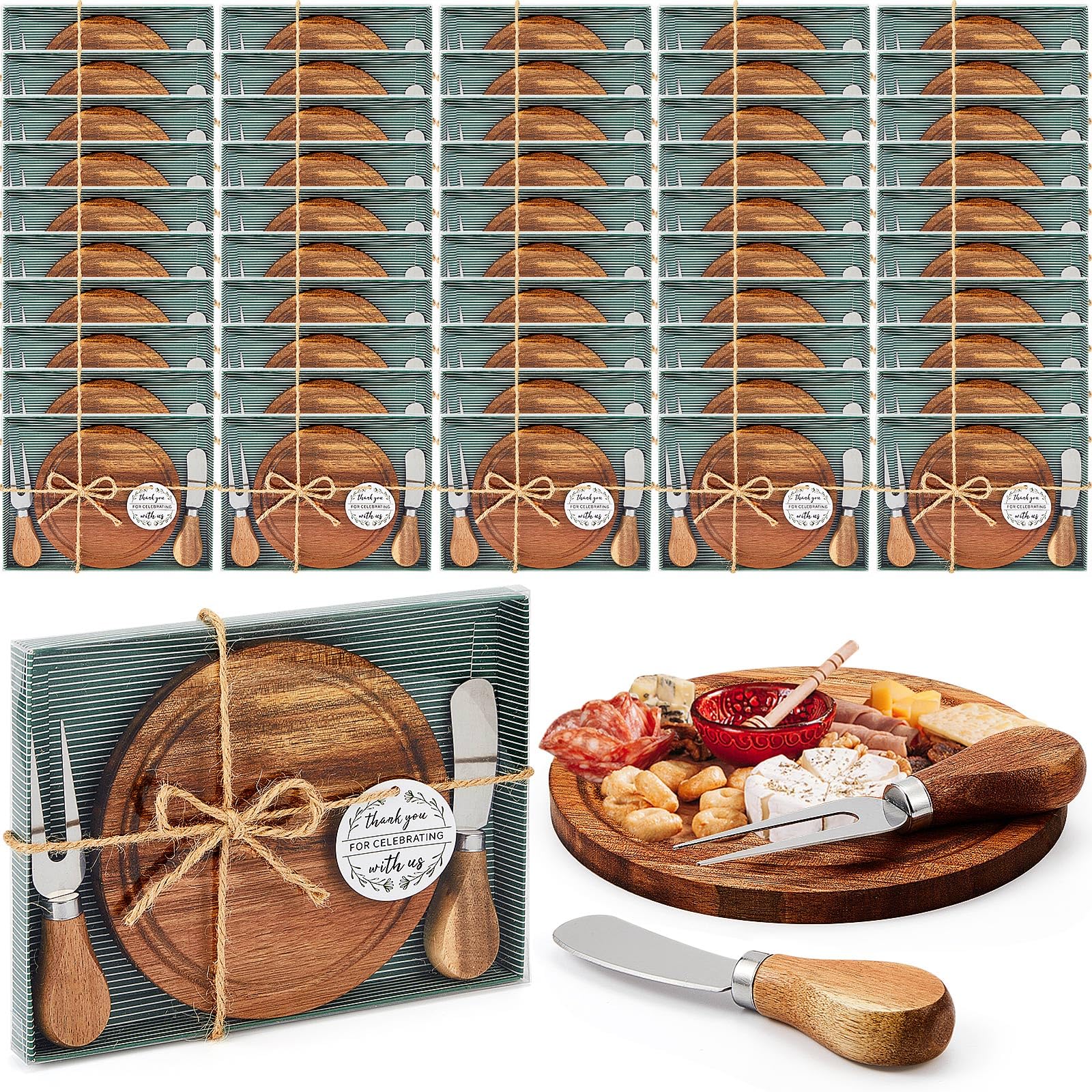 50 Sets Wooden Mini Charcuterie Boards with Knives & Forks - Acacia Cheese Board Set for Bridal Shower, Baby Shower & Wedding Party Favors - Bulk Thank You Gift Box for Guests - Perfect for Appetizer Serving, Cheese Platters & Charcuterie Displays