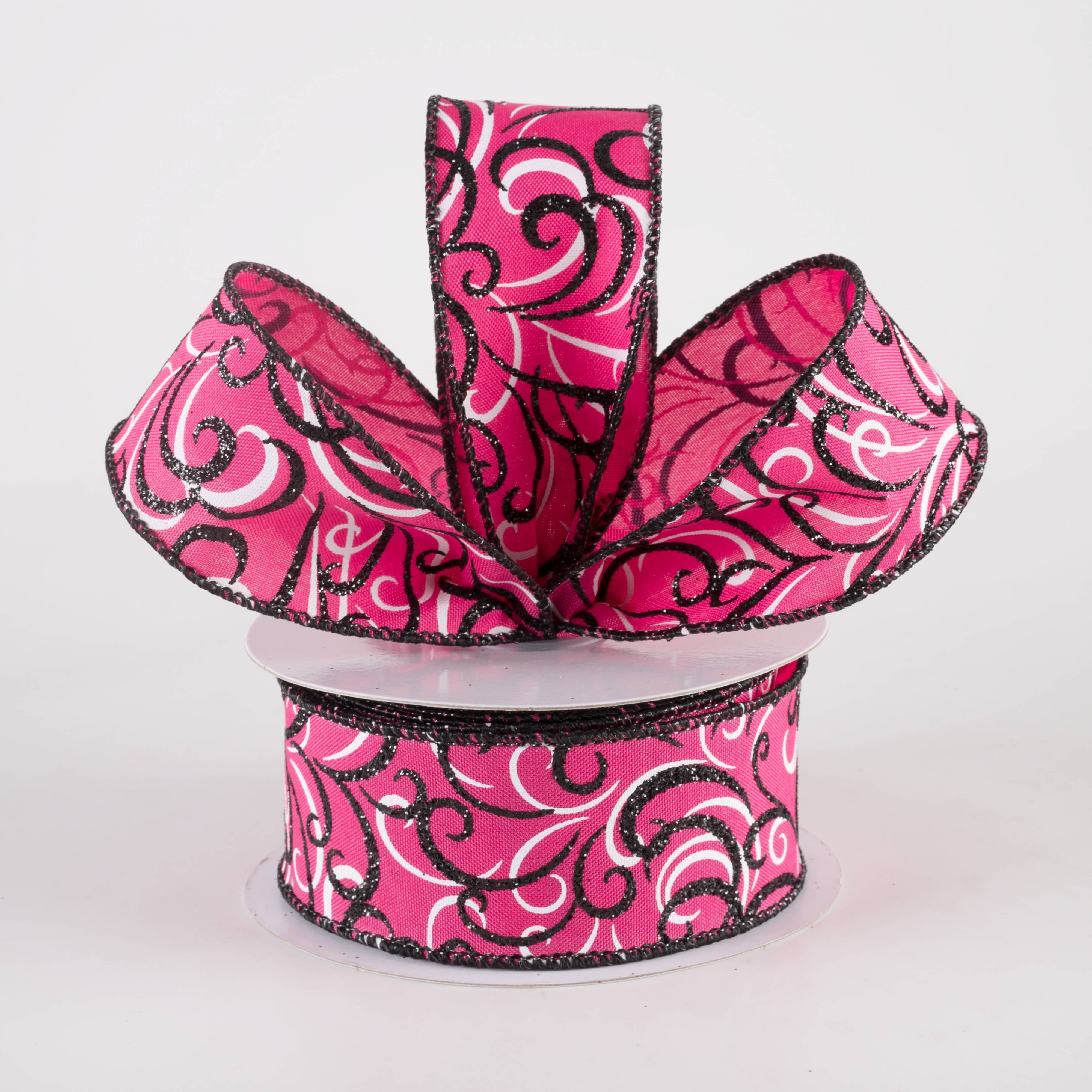 1.5 Inch Glittered Multi Swirls Ribbon - Black & White on Hot Pink (10 Yards) | Perfect for Gift Wrapping, DIY Crafts, Party Decorations, and Scrapbooking