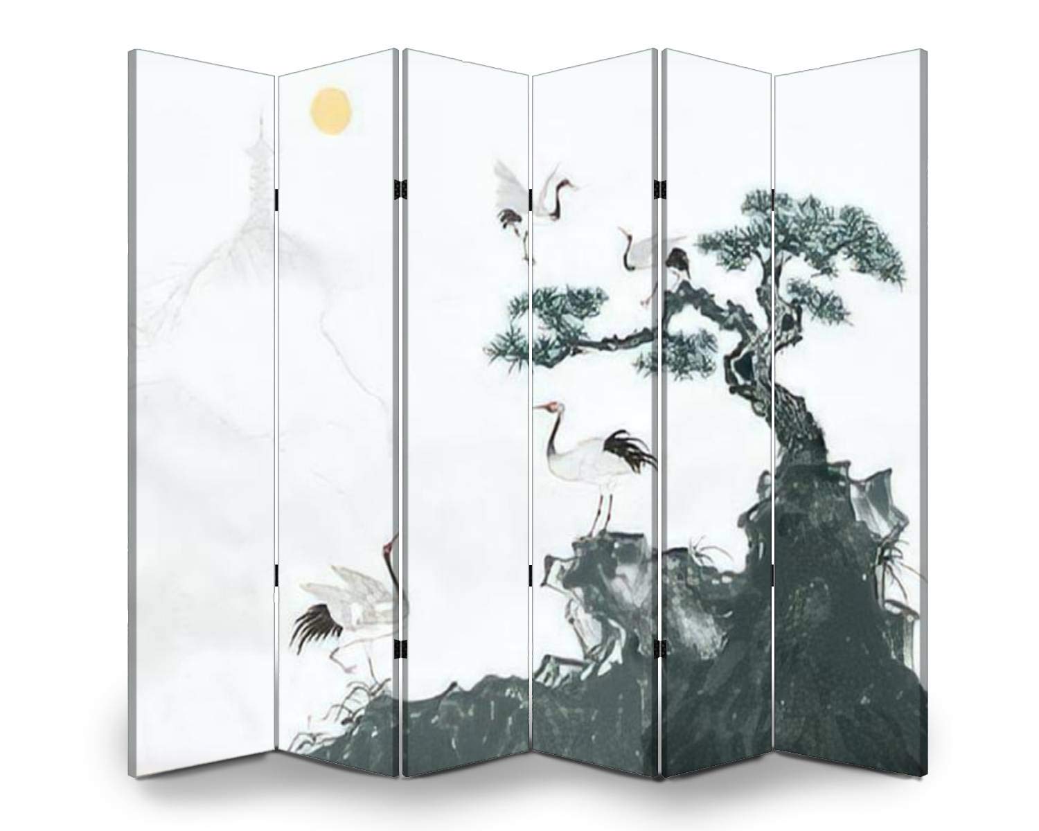 APED DECOR 6-Panel Wooden Room Divider with Songhe Yannian Ink Painting - Folding Privacy Screen, Dual-Sided Canvas Partition for Home & Office - Perfect for Living Room, Bedroom, and Studio Spaces
