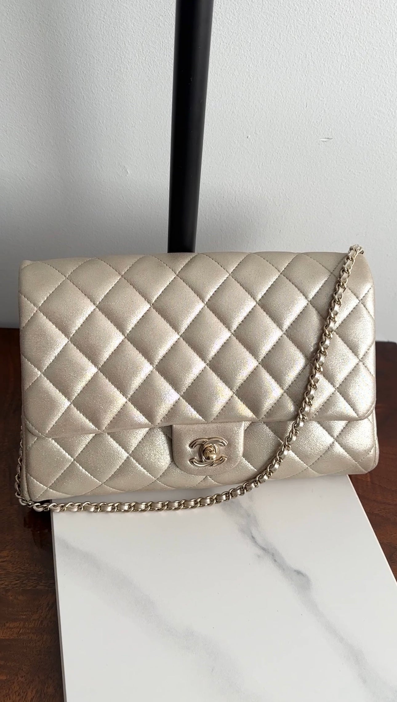 Chanel Timeless Classic Flap Bag in Light Champagne Gold with Chain Strap - Perfect for Evening Events, Weddings & Special Occasions