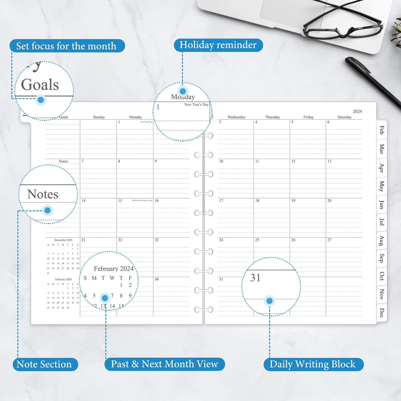 2024-2025 Monthly Planner Refill Inserts for 11-Disc Discbound Planner - 8.5