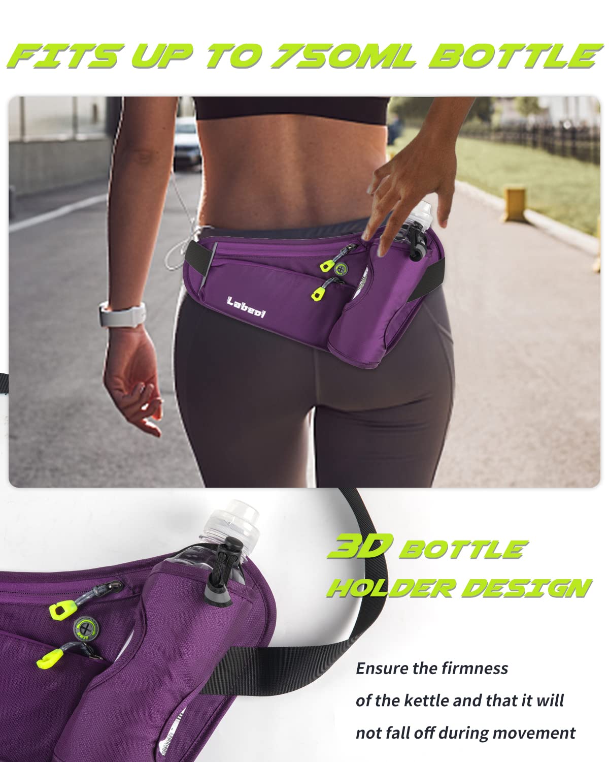 Labeol Adjustable Running Belt with Water Bottles - 2 Zipper Pockets Hydration Waist Pack for Men & Women - Lightweight Fanny Pack for Hiking, Climbing, Jogging & Outdoor Activities (Purple)