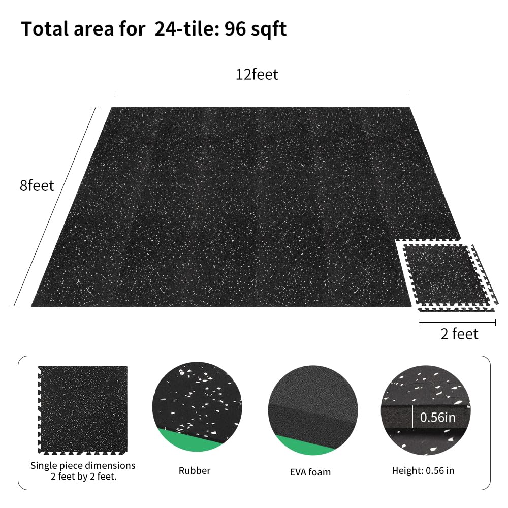 0.56in Thick 96 Sq Ft Interlocking Rubber Gym Flooring Tiles - 24-Piece EVA Foam Exercise Mat Set for Home Gym & Fitness Room | Durable Workout Equipment Mats for Weightlifting, Yoga & Cardio Training