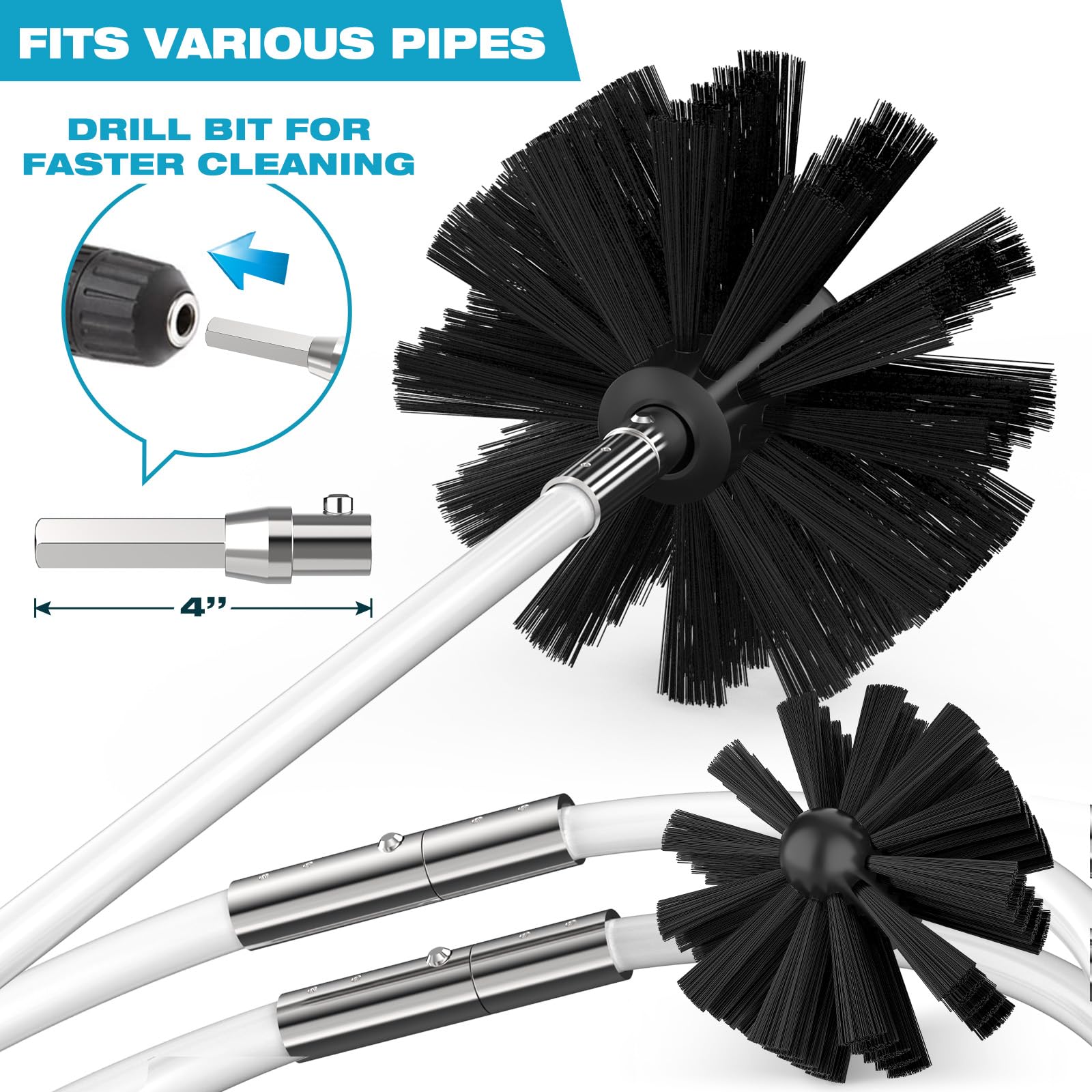 Sealegend 30 FT Dryer Vent Cleaning Kit - Dual Synthetic Brush Head, Flexible Quick-Snap Design, Drill Attachment, Extends Up to 30 Feet - Ideal for Home Laundry Room, Apartment, RV & Commercial Dryer Vent Maintenance