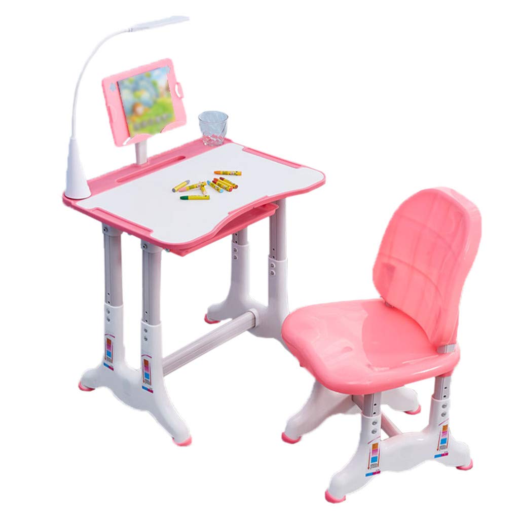 Adjustable Height Kids Study Desk and Chair Set with Reading Rack, LED Lamp & Storage Drawer - Ergonomic Children's Writing & Painting Table for Home Schooling, Bedroom Learning & Art Activities