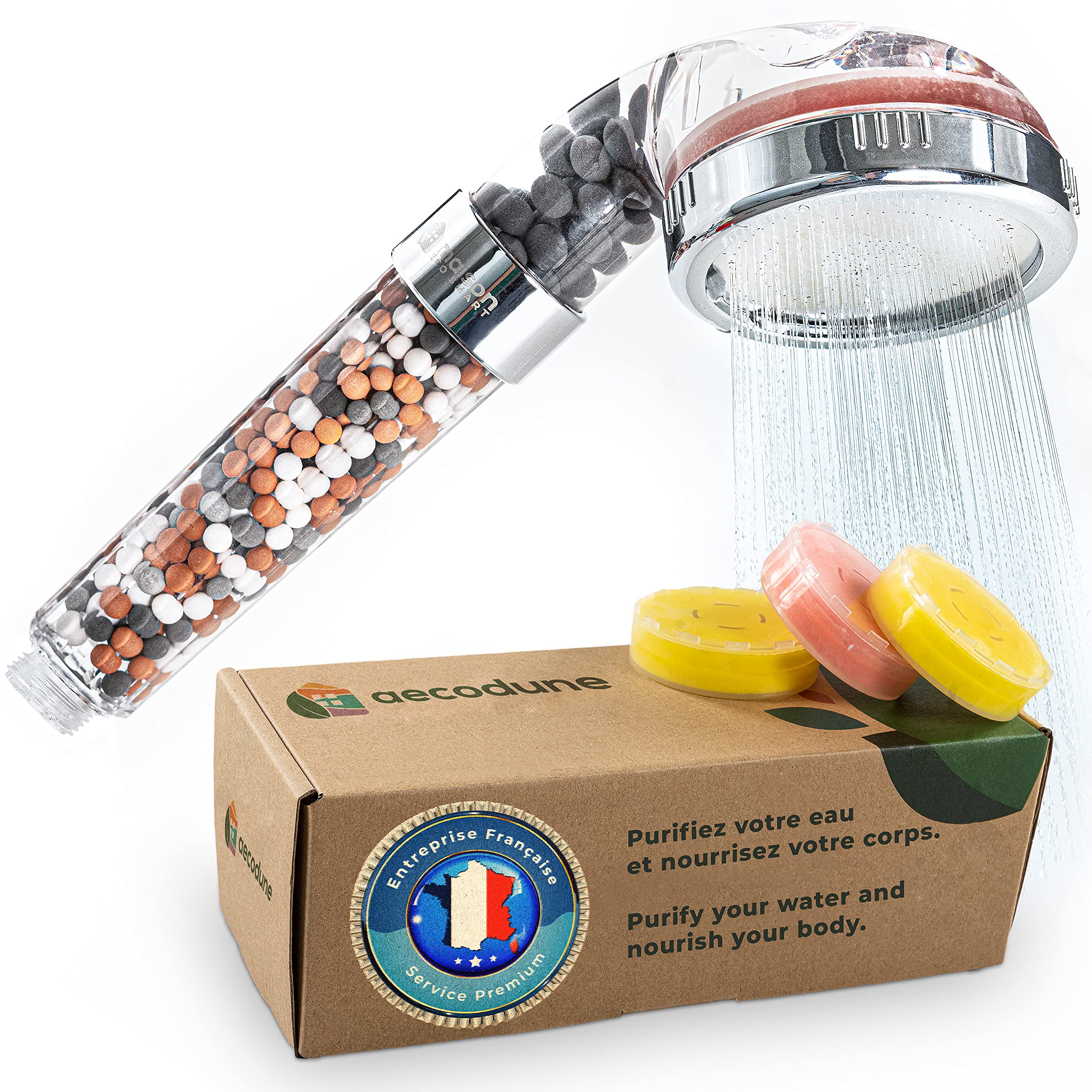 Aecodune Vitamin C Filtered Shower Head with Replaceable Filters - Chlorine & Fluoride Removal for Hard Water Softener - High Pressure Showerhead for Dry Skin & Hair Loss Prevention - Perfect for Sensitive Skin & Healthy Hair Care