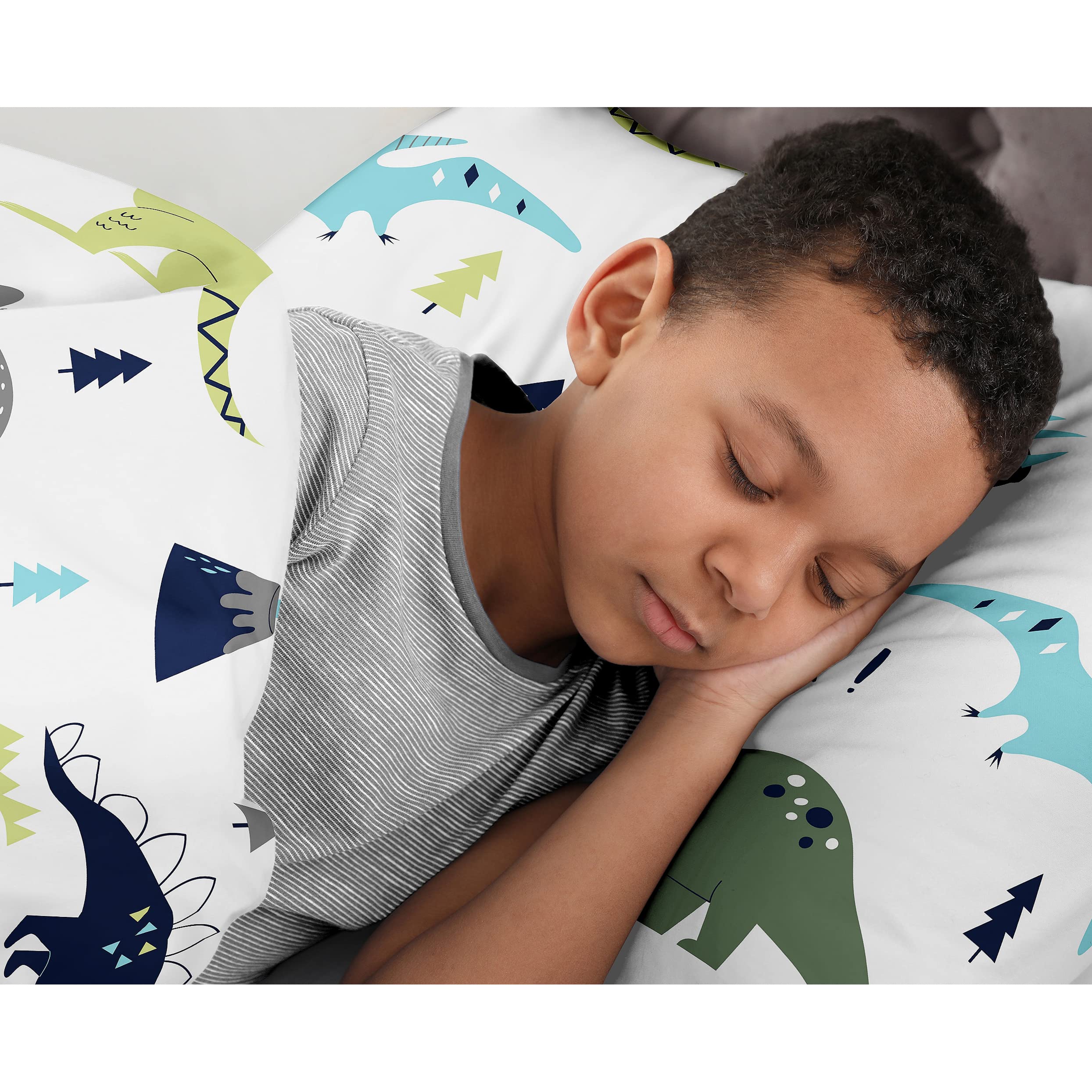 Modern Navy Blue & Green Dinosaur 4-Piece Twin Bedding Set for Boys & Girls - Kids' Bedroom Decor, Dino Themed Room, Teen Bedroom Essentials, Soft & Comfortable Bed Sheets for Children's Room