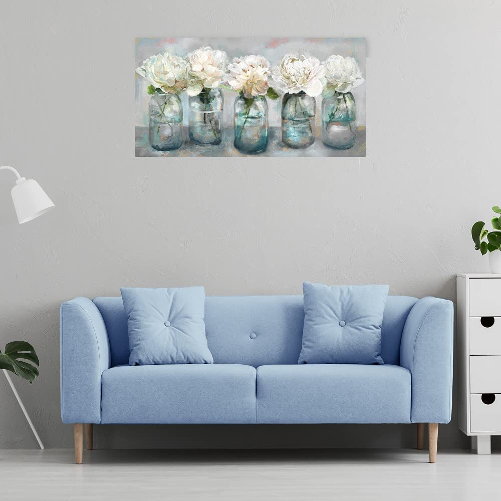 Fresh Picked Peonies Canvas Wall Art - 40x21 Inch Floral Painting for Bathroom & Living Room Decor - Modern Home & Office Wall Decorations