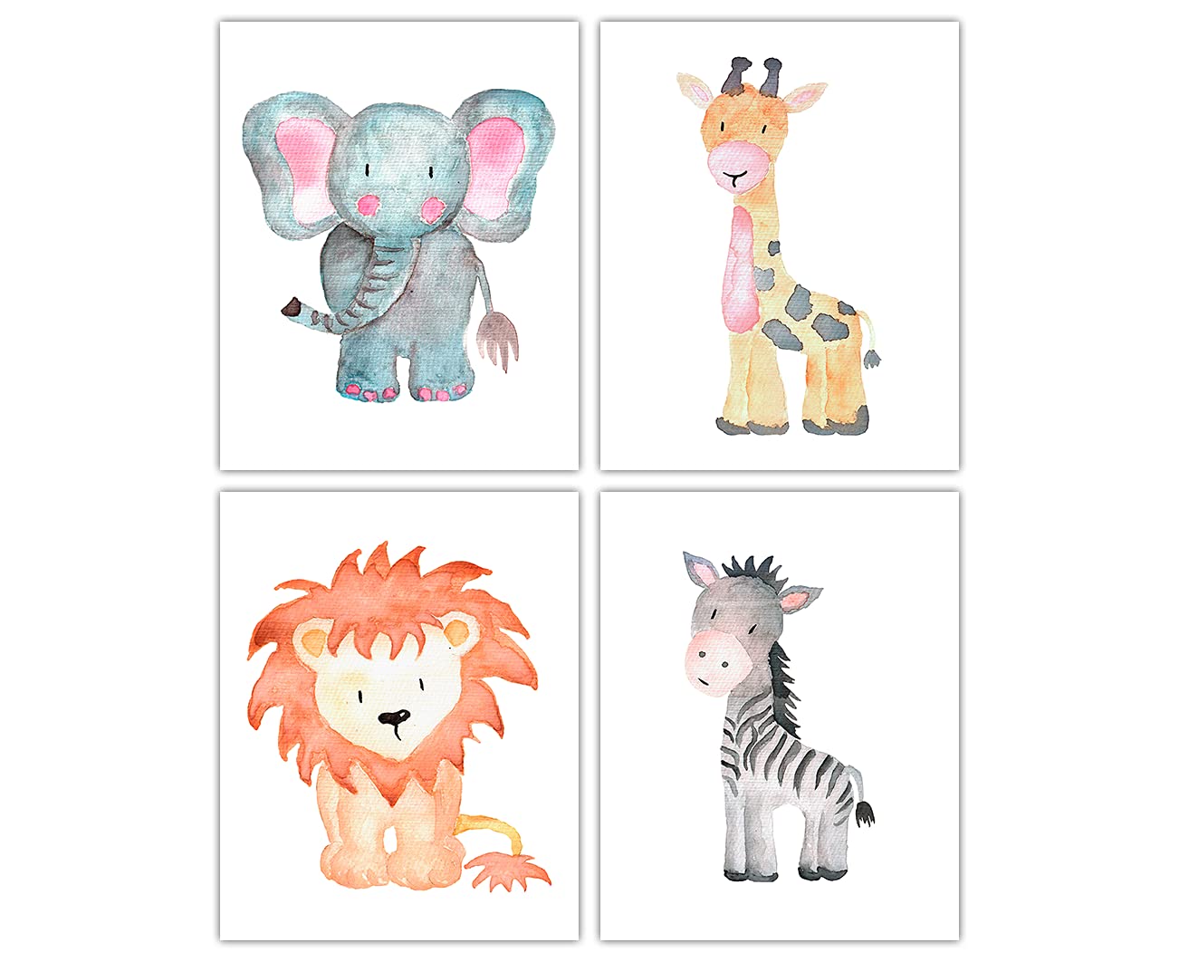 Safari Animals Watercolor Nursery Decor - Set of 4 Unframed 8x10 Posters for Baby & Kids Room Wall Art