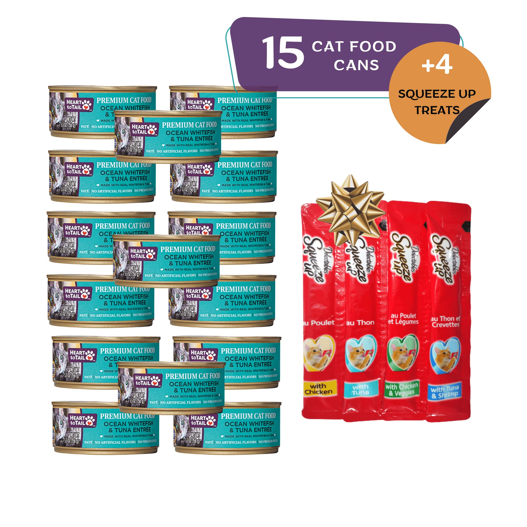 Premium CAT Food 5.5 OZ (15 Pack) Ocean Whitefish & Tuna Entree with Free Squeeze UP (4 UN) - High Protein Wet Cat Food for Adult & Senior Cats - Perfect for Mealtime, Travel & Treat Rewards