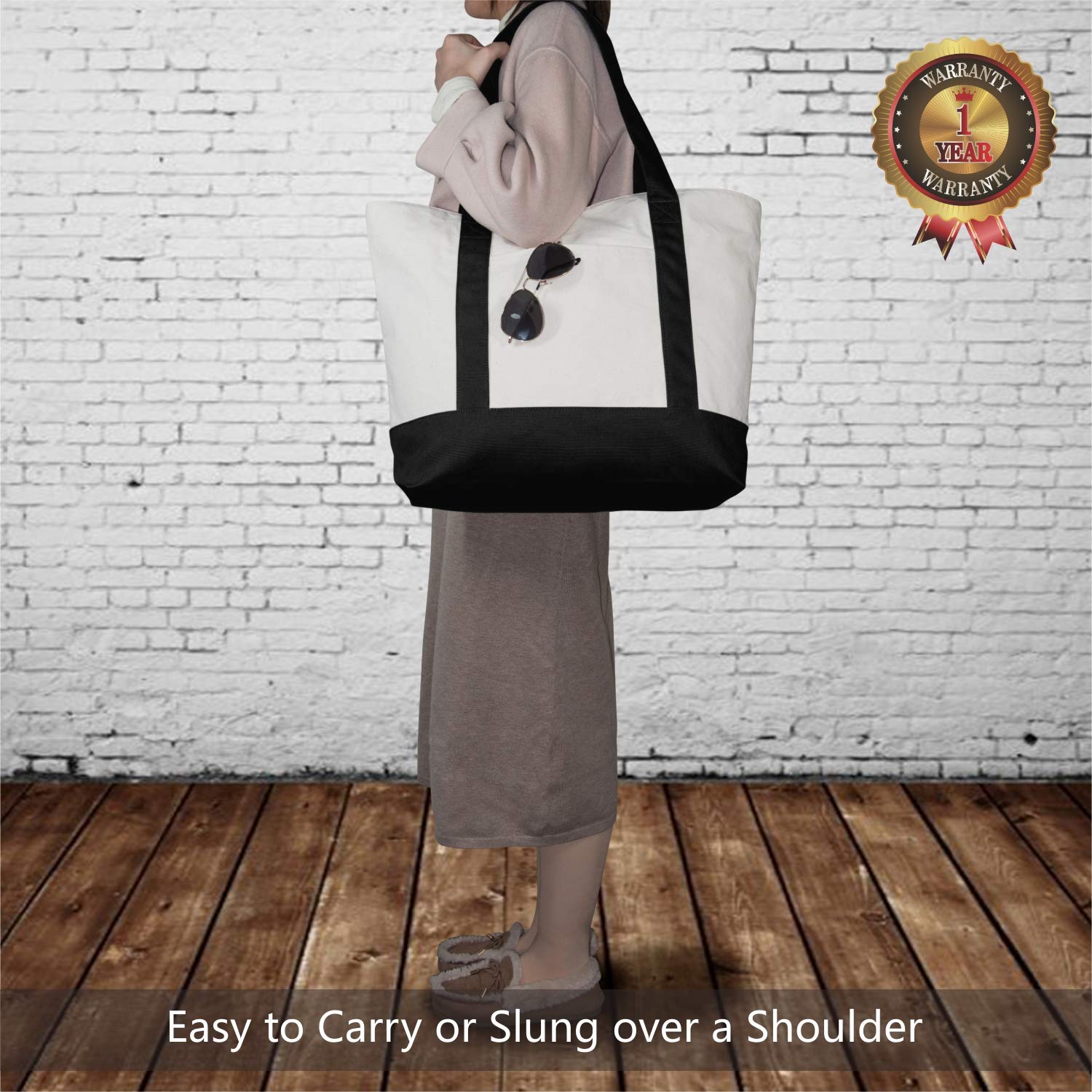 TOPDesign 30-Pack Canvas Tote Bags with External Pocket - Reusable Grocery Shopping Bags with Top Zipper Closure for Daily Essentials (Black/Natural) - Perfect for Grocery Shopping, Beach Trips & Work Commute