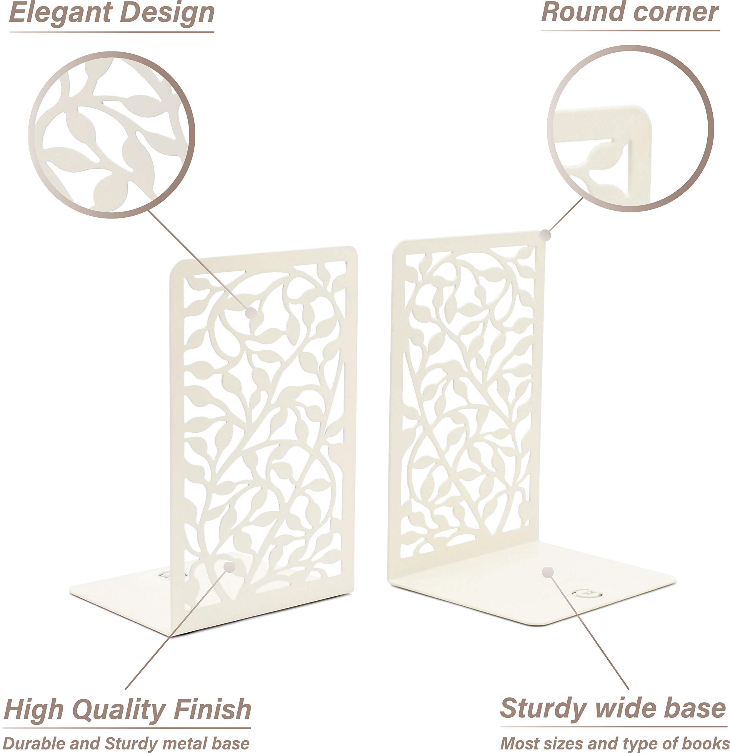 Decorative Metal Bookends Set of 4 - Heavy Duty Book Holders for Shelves, Cute Boho Style Bookend Stoppers - Perfect for Cookbooks, Office & Home Bookshelf Organization (White)