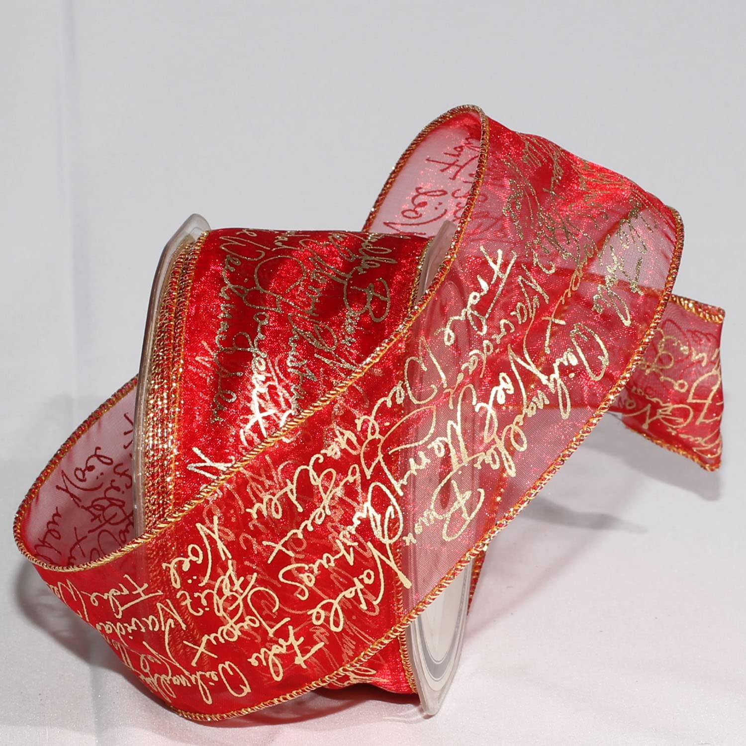 Sheer Red and Gold Christmas Print Wired Craft Ribbon - 2 Inch x 27 Yards - Perfect for Holiday Gift Wrapping, DIY Decorations, and Seasonal Craft Projects